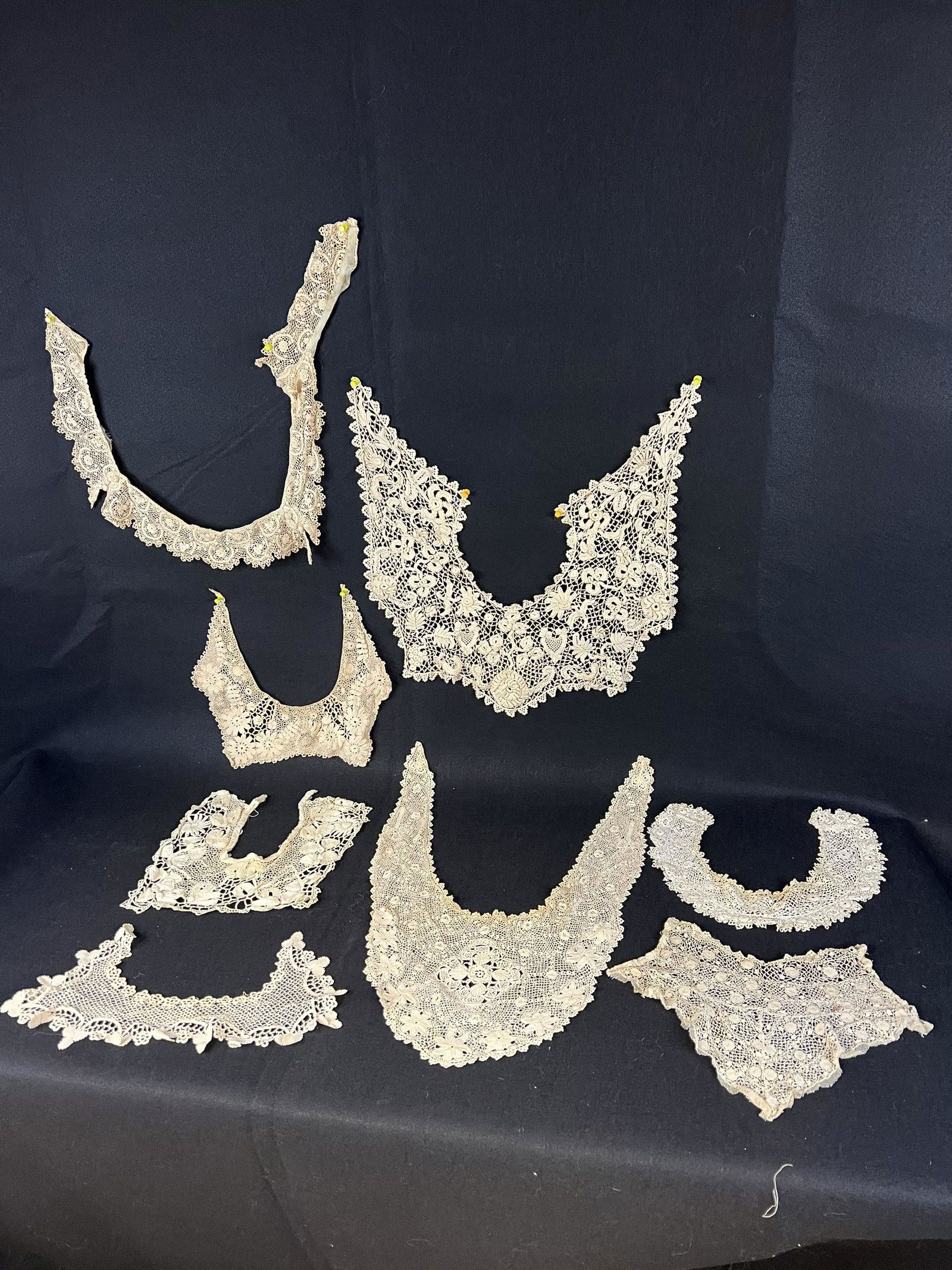 Victorian Lace Lot: Victorian Lace Lot consisting of 9 ornate (intricate) lace collars (Irish Crochet), there is some age staining. Wonderful for your collection, reenactments or adding to Victorian clothing! Movie set c