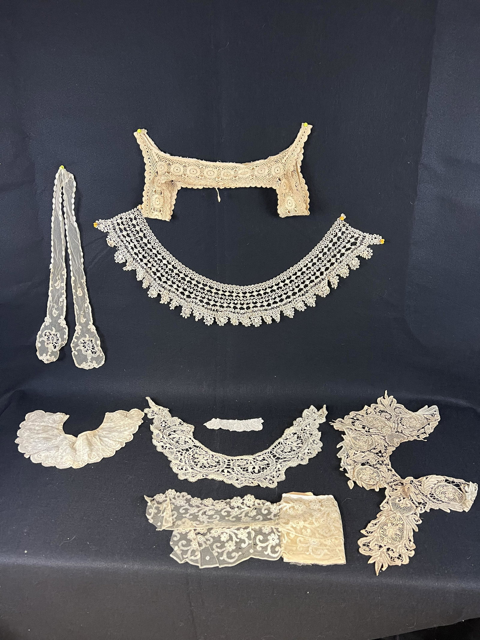 Victorian Lace Trim Lot: Victorian Lace Trim Lot consisting of 1 embroidered lace collars; 1 piece of tatting; 1 piece is crochet; 5 pieces of lace trim. Wonderful for your collection, reenactments or adding to Victorian clot