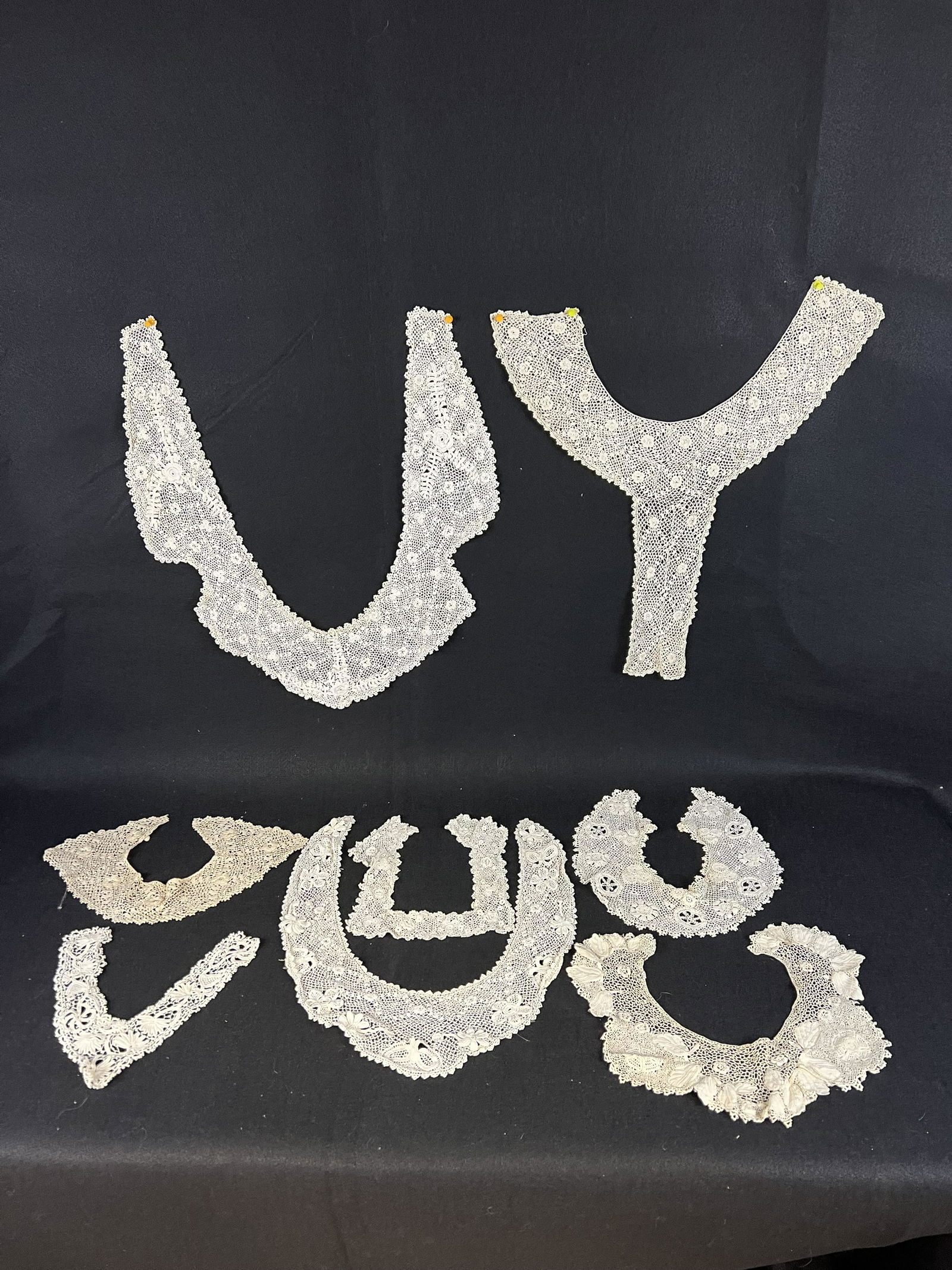 Victorian Lace Lot: Victorian Lace Lot consisting of 8 ornate (intricate) lace collars (Irish Crochet), there is some age staining. Wonderful for your collection, reenactments or adding to Victorian clothing! Movie set c
