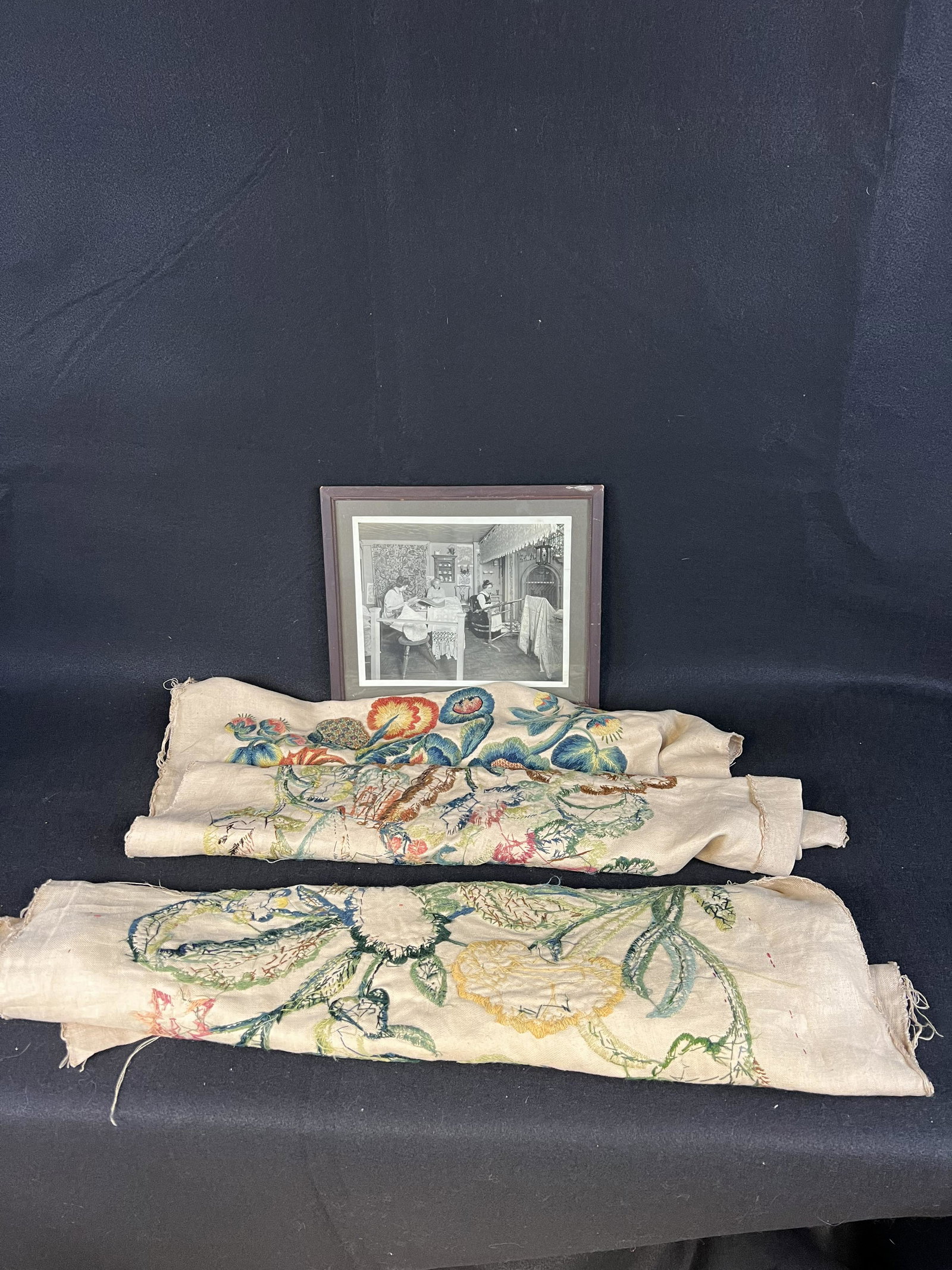Vintage Crewel Embroidery Lot: Vintage Crewel Embroidery Lot consisting of 2 large pieces of hand done embroidery suitable for upholstery. Plus a framed photograph of the actual individuals who did the embroidery.