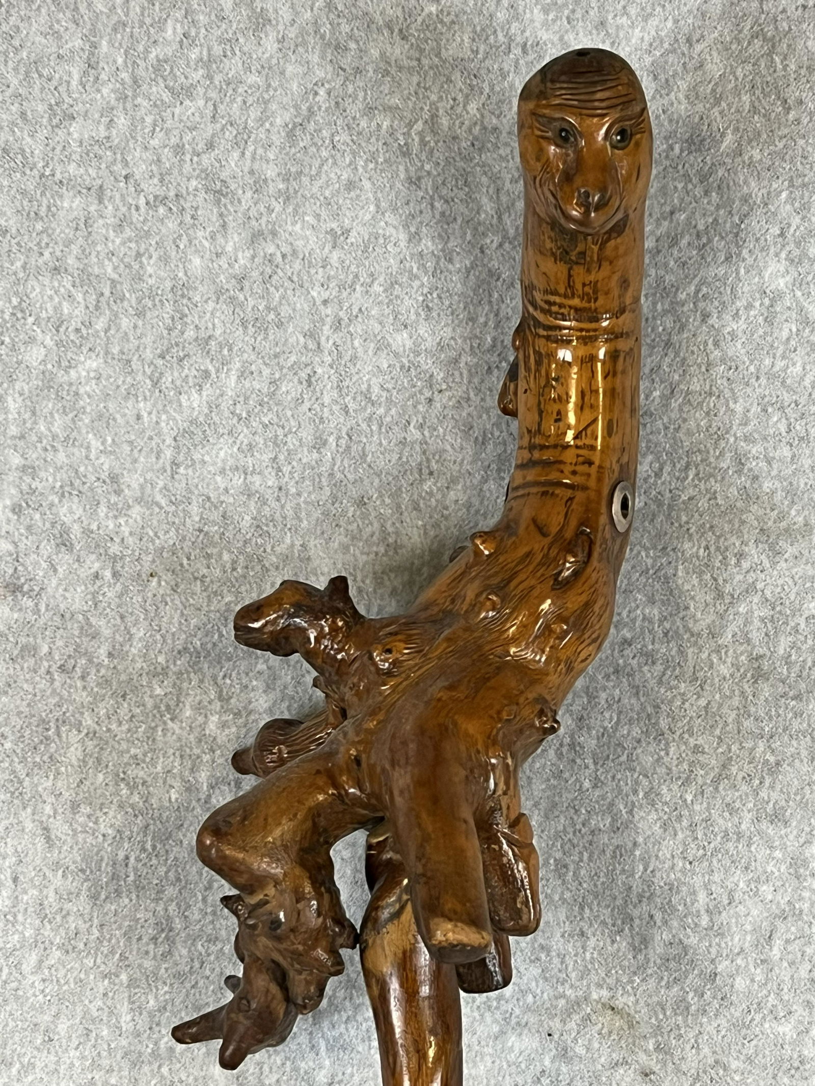 Exceptional Antique Folk Art Native American Carved Root Cane: Antique hand carved folk art root cane most likely created by a Native American which depicts the heads of various animals including a dog, mouse, possum, monkey etc. The root head of the cane is larg