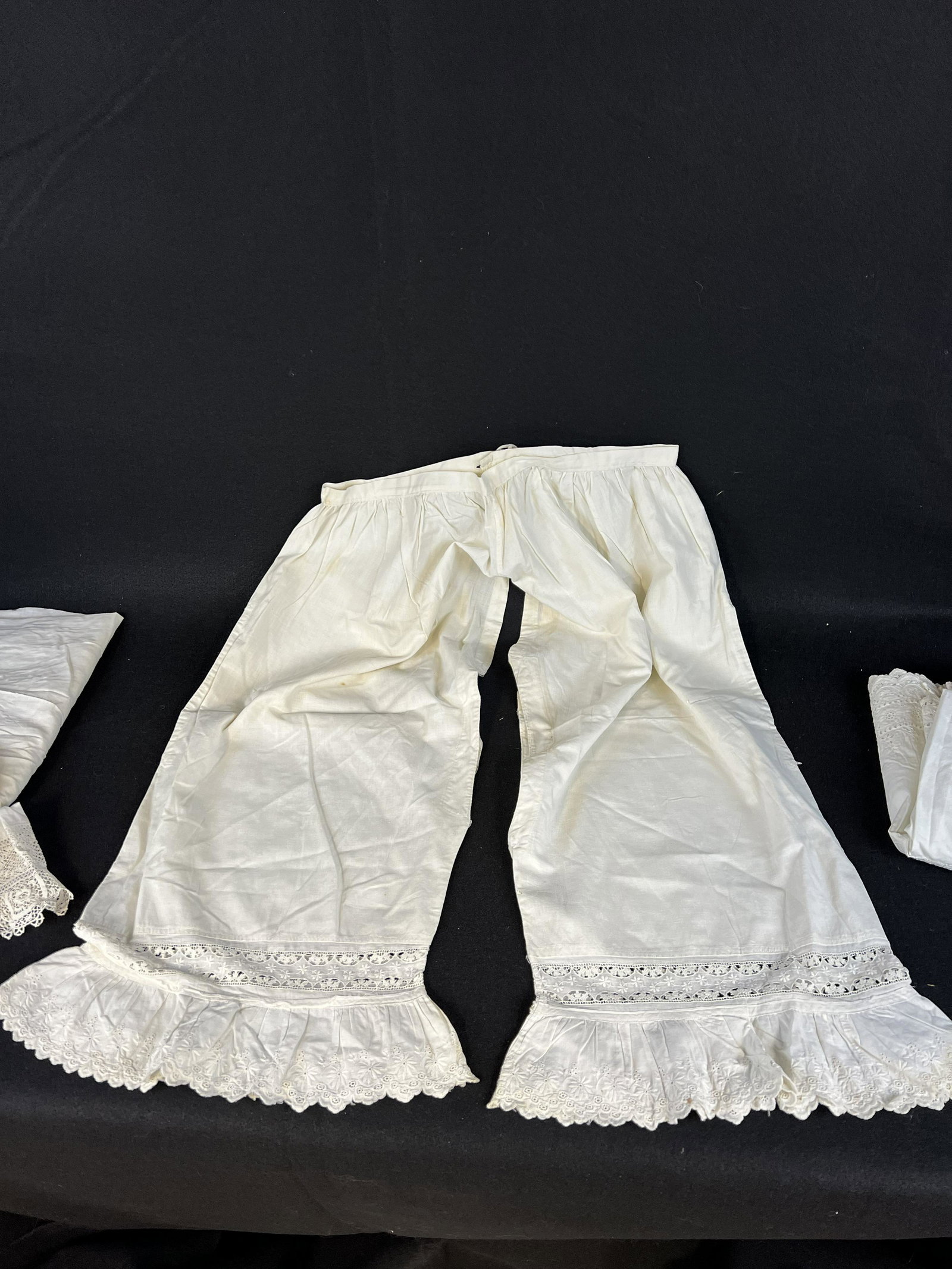Victorian Under Garments White Lace Lot: Victorian Under Garments White Lace Lot consisting of 3 petticoats - 2 have Irish Crochet lace; 1 bloomer, 1 slip with tatting. Wonderful for your collection, reenactments or adding to Victorian cloth