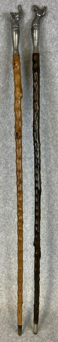 Pair Political Party Canes: Lot Of Two antique Political canes / walking sticks each with a depiction in cast white metal at the top of their parties mascot / logo (Elephant & Donkey) on knobby wooden shafts with metal ferrule.