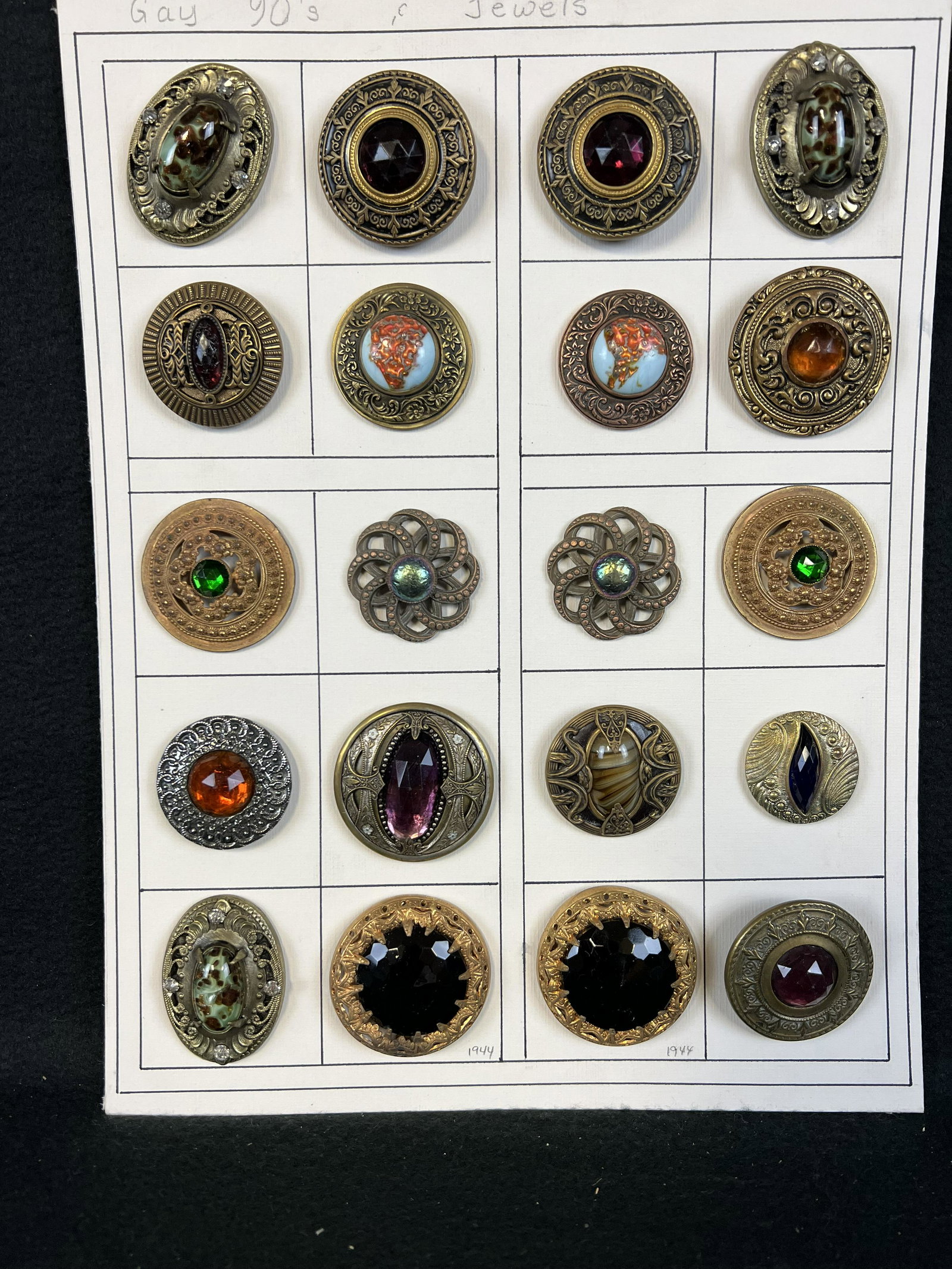 Lot Antique Gay 90's Jewels Buttons: A lot of antique gay 90's / jewel buttons of large size in fine condition.