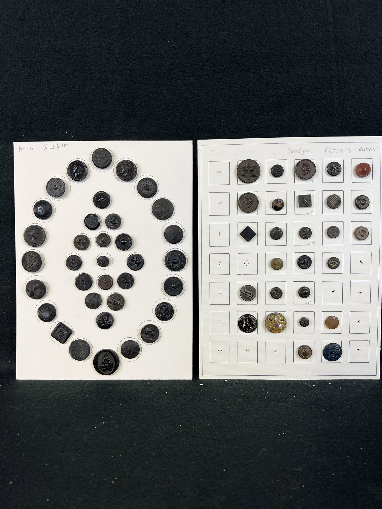 Lot 2 Cards Antique Hard Rubber Buttons Including Goodyear's Patent: A lot of two cards of antique hard rubber buttons including Goodyear's patent in fine condition.