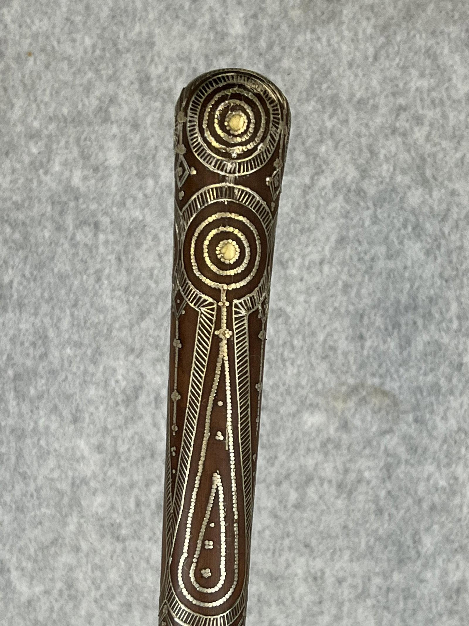 Antique Pique Cane With Silver & Bone Inlay: Antique possibly 18th century French pique cane inlaid with silver and bone on what appears to be a rosewood shaft with a metal ferrule. Cane is approximately 35 1/2" long and is in fine condition.
