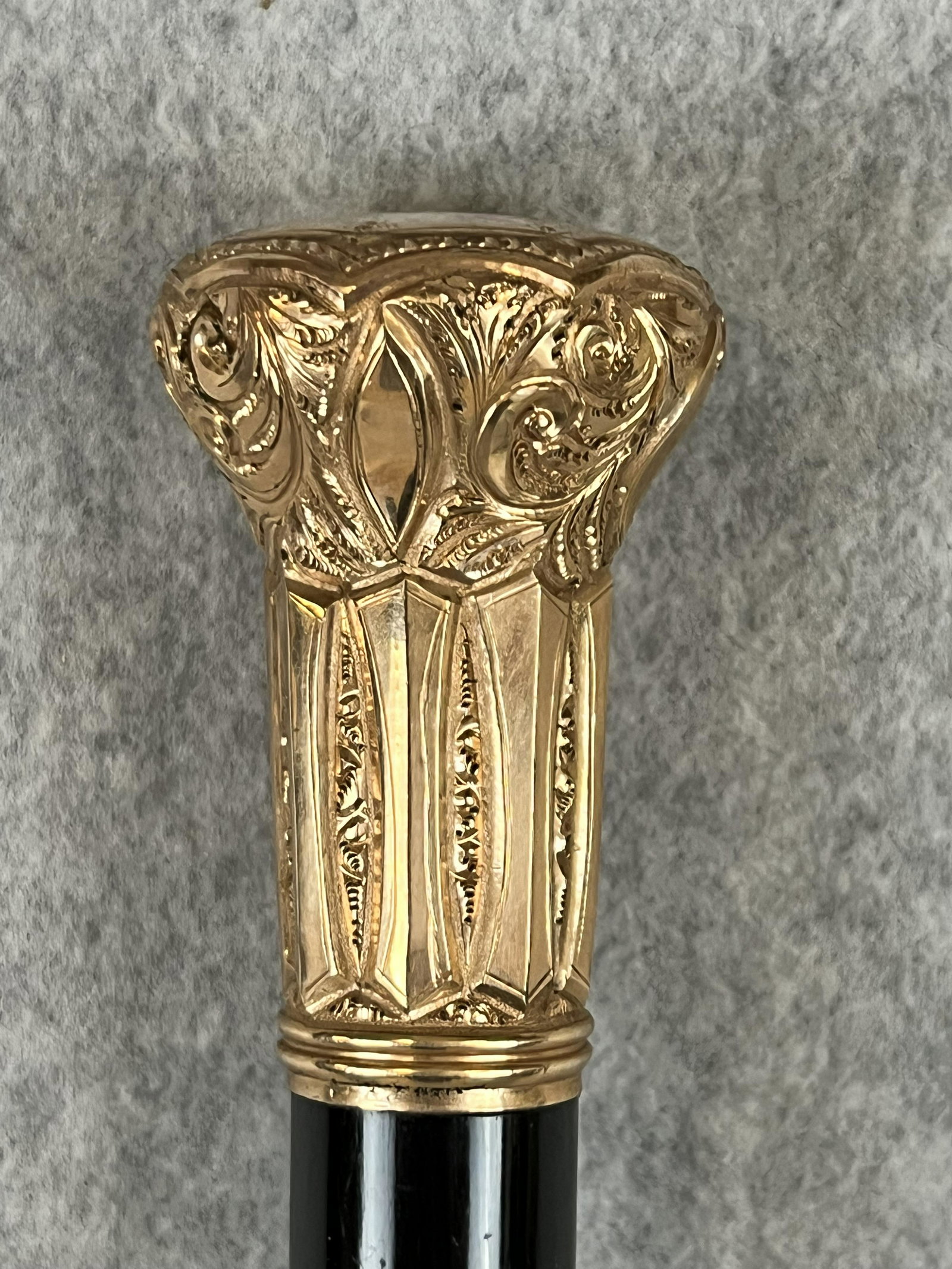 Antique Ornate Gold Handled Presentation Cane 1908 George H Parker From Employees: Antique dated 1908 large gold headed presentation cane / walking stick presented to George H Parker by his employees in 1908. The cane handle measures approximately 2 1/4" tall and is 1 5/8" in diamet