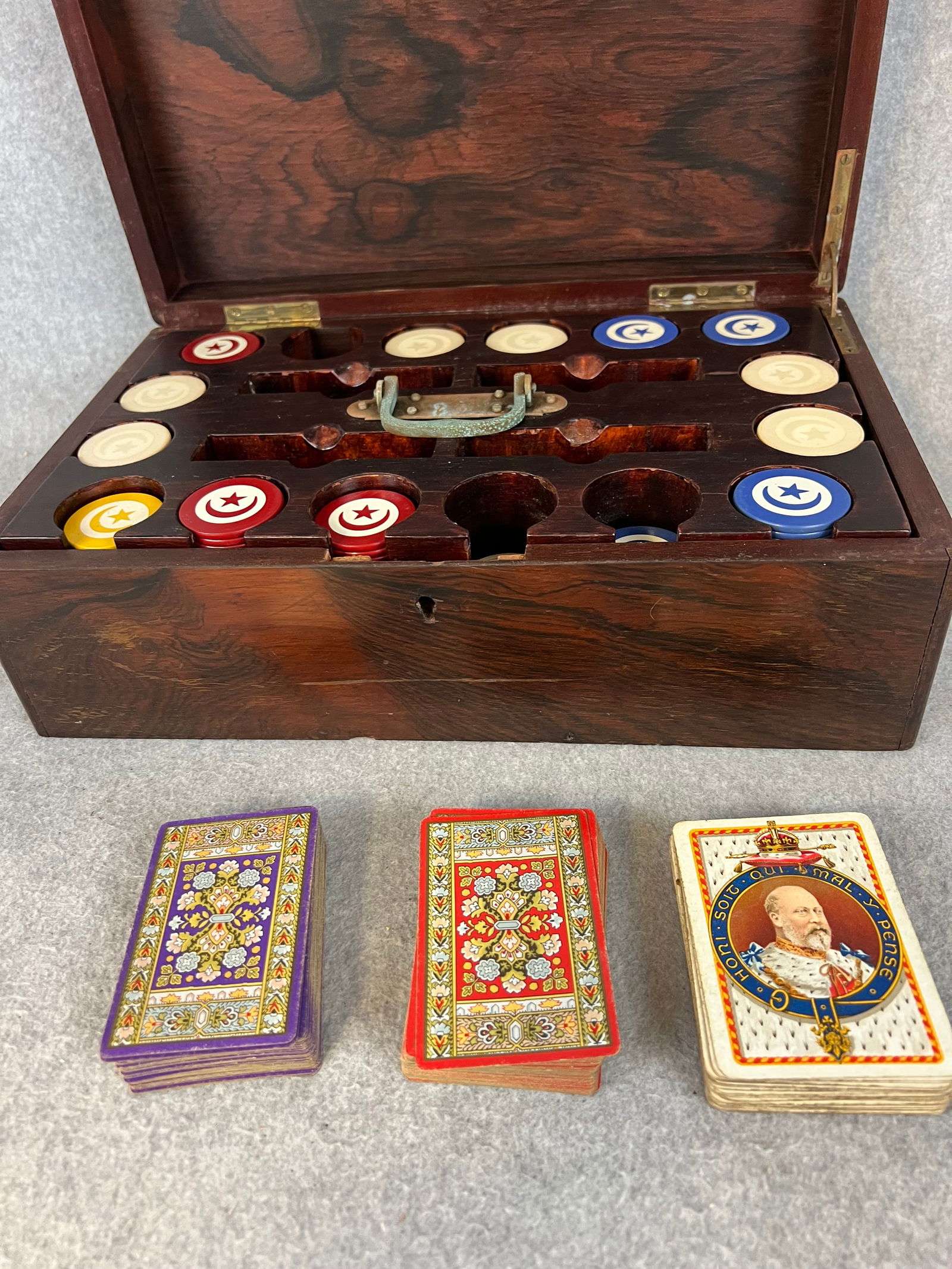 Exceptional Antique Poker Chip Caddy With  Poker Chips (1 of 13)