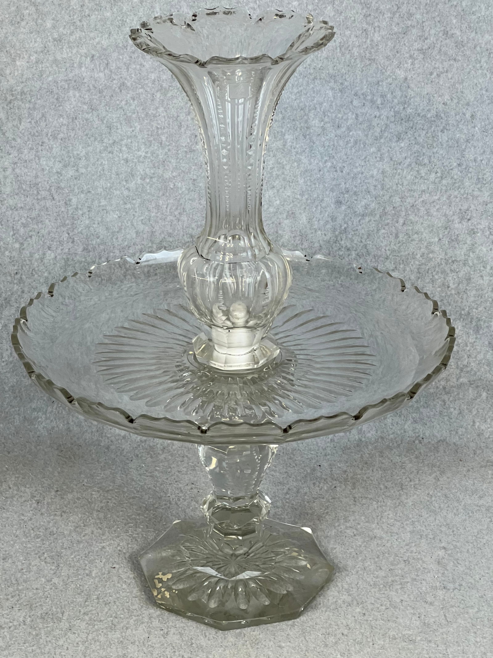Antique Large Cut Crystal Centerpiece With Engraved Coat of Arms: Large 20" tall antique 19th century cut crystal centerpiece which consists of three parts being a base upon which sets a 14 1/2" diameter center section surmounted by a vase shaped element upon which