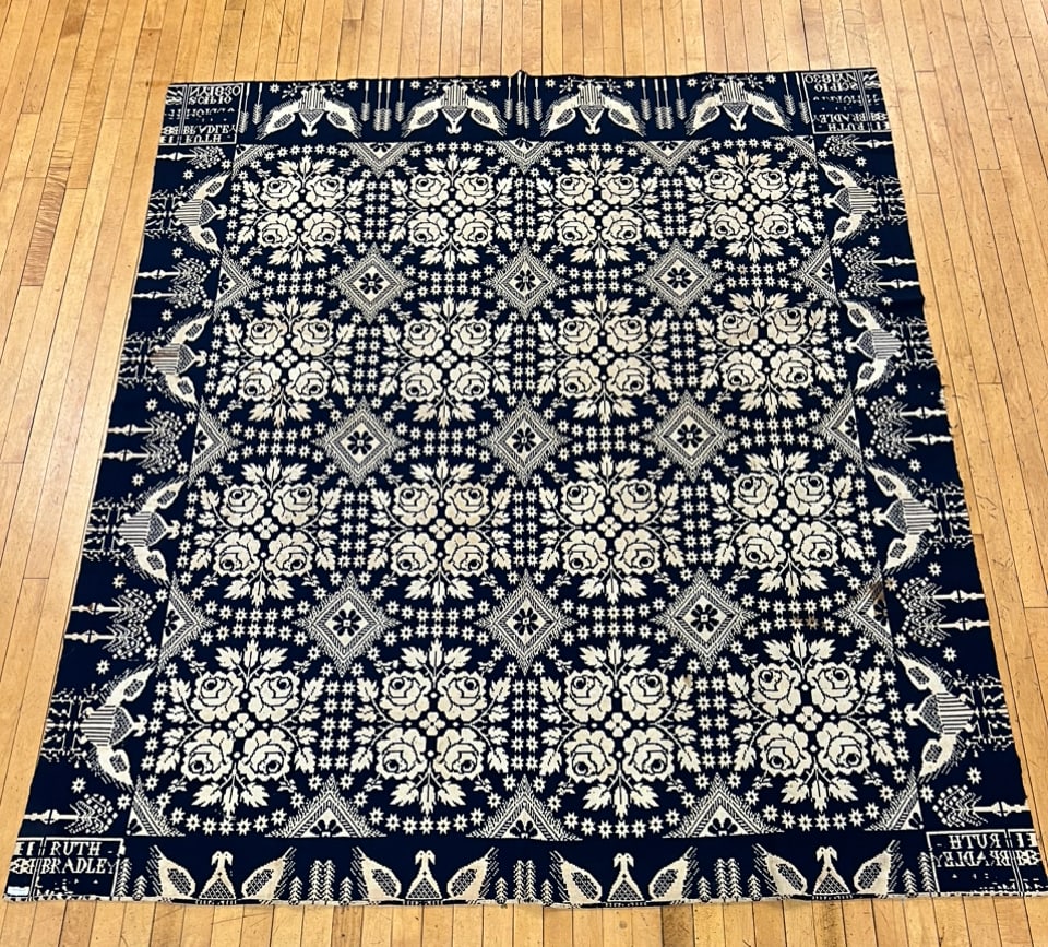 Antique Blue and White Coverlet Dated 1830 With Eagle Border (1 of 14)