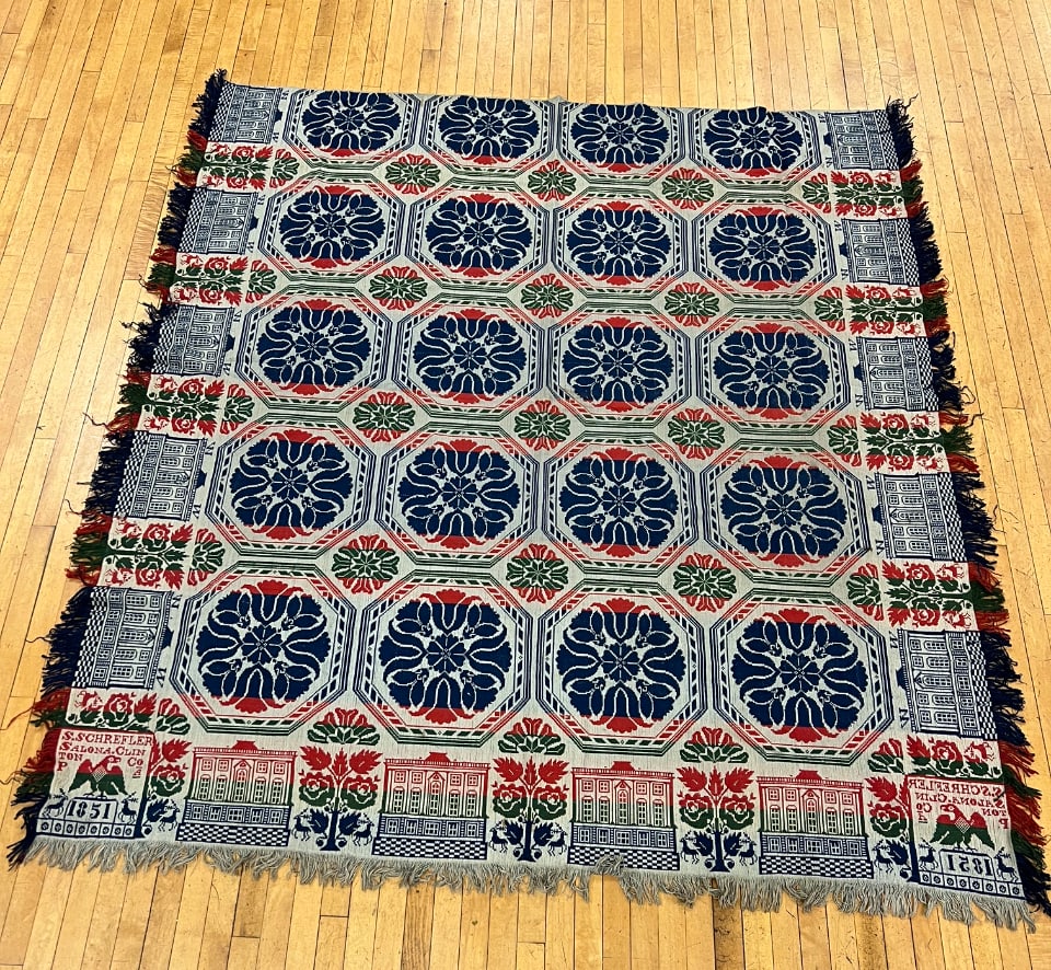 Antique Pennsylvania Three Color Dated 1851 Coverlet With Buildings (1 of 9)