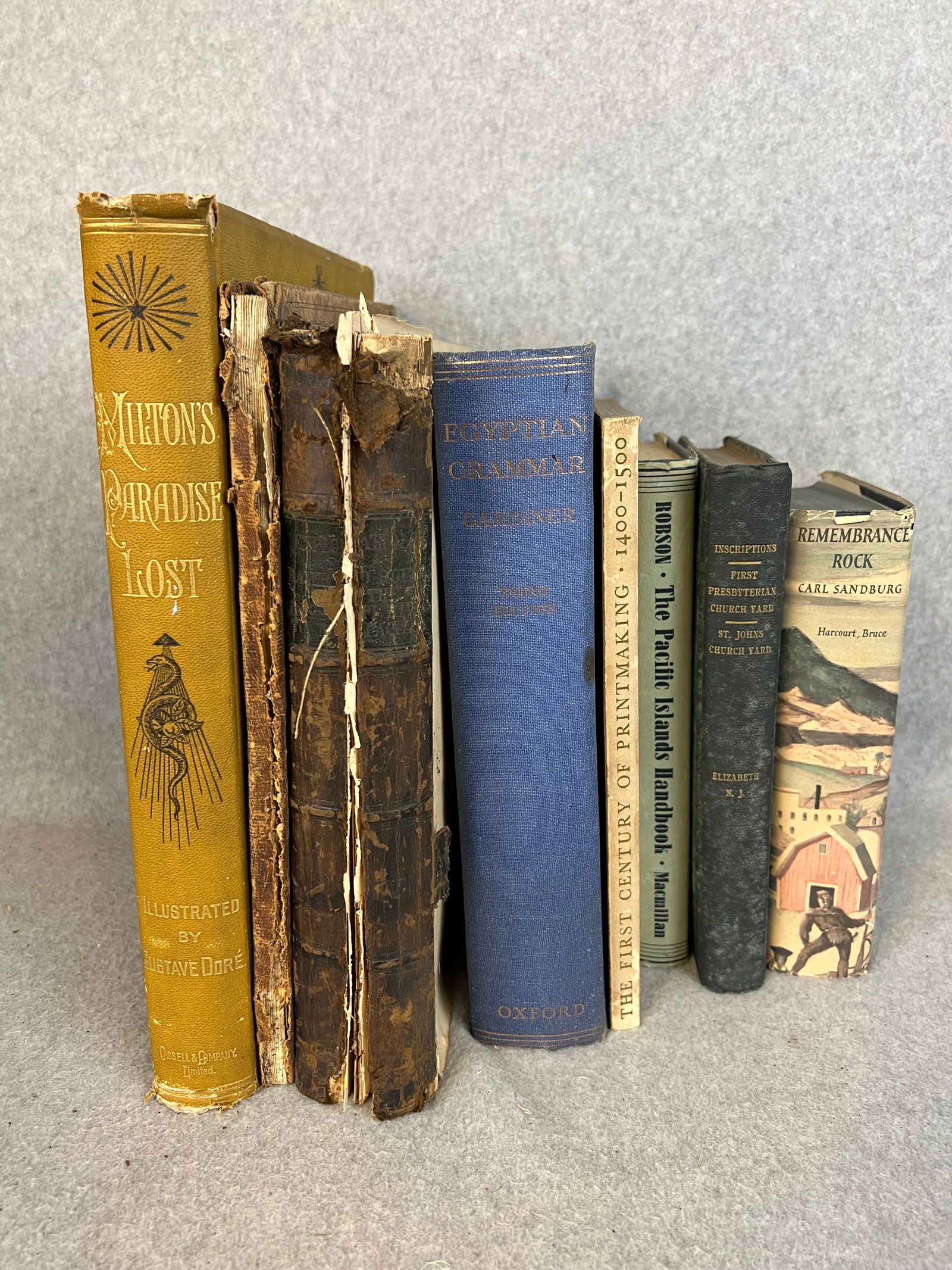Lot 8 Misc Antique & Vintage Books: Lot of antique and vintage books to include: Milton's Paradise Lost with Illustrations by Gustave Dore (frontispiece soiled and detached from spine otherwise interior is fine); Remembrance Rock by Car