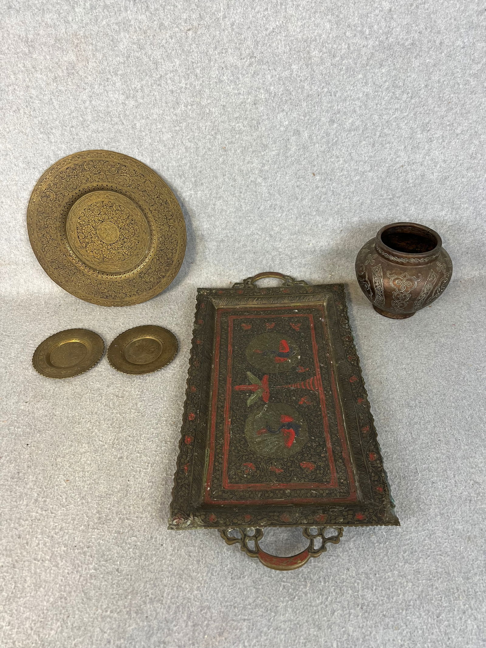 Lot 4 Antique Persian Copper And Brass Items To Include One Vase With Silver Overlay (1 of 12)