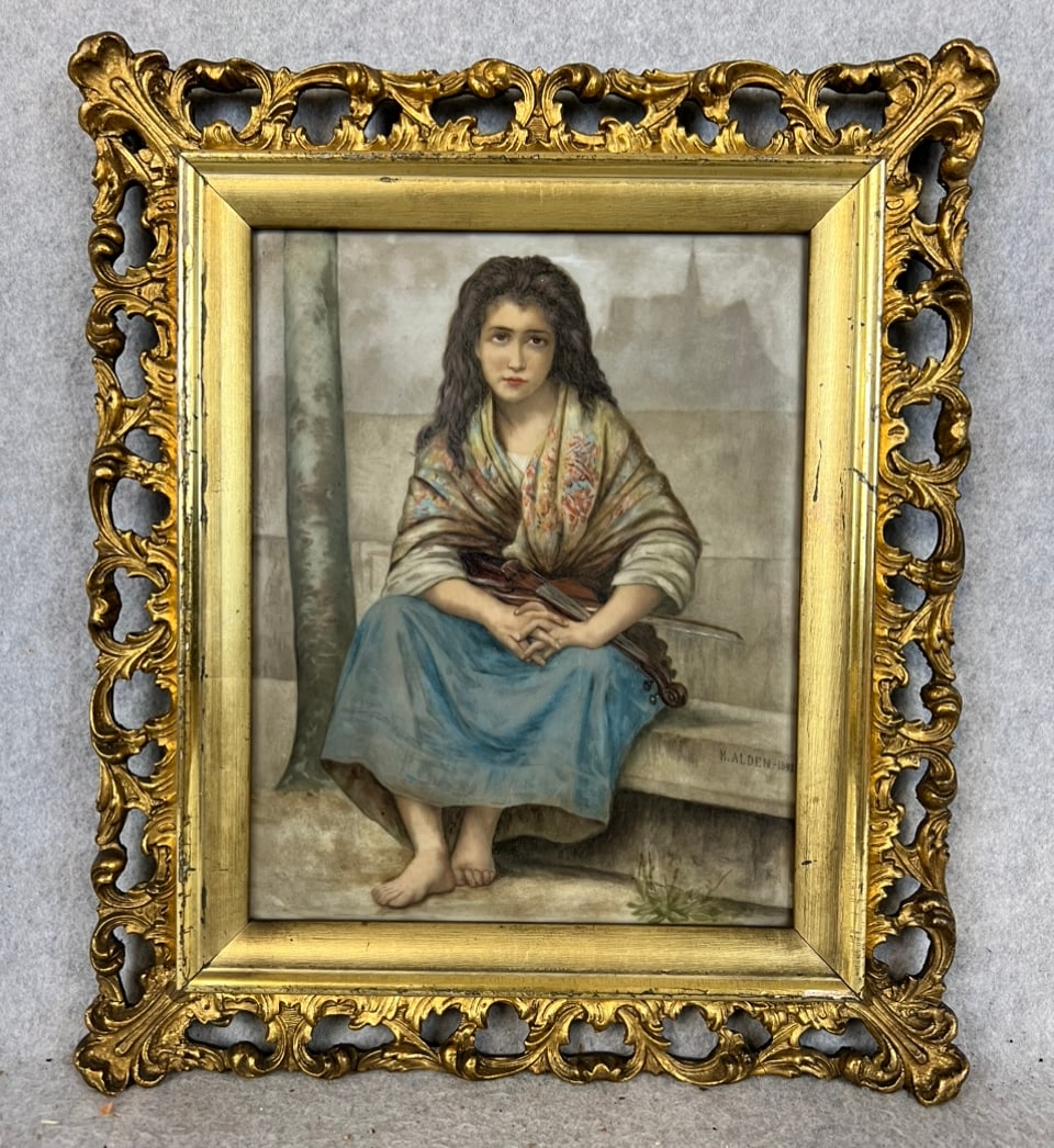 Framed KPM Or Berlin Hand Painted Porcelain Plaque " Paris Violinist" Signed M. Alden 1892 (1 of 9)