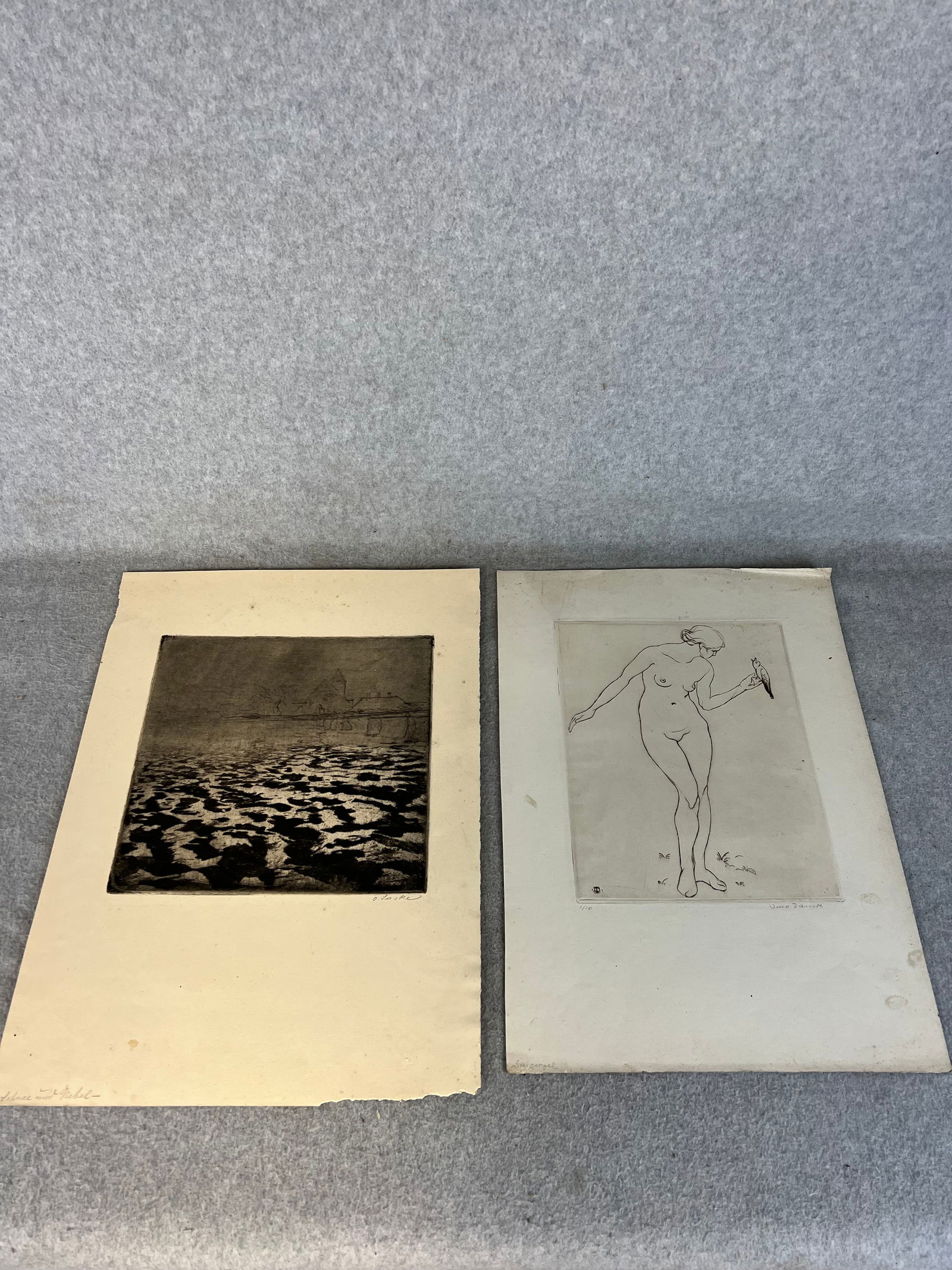 Lot 2 Prints Incl: Oskar Laske Etching "In Snow And Fog" And Naked Woman With Bird (1 of 11)