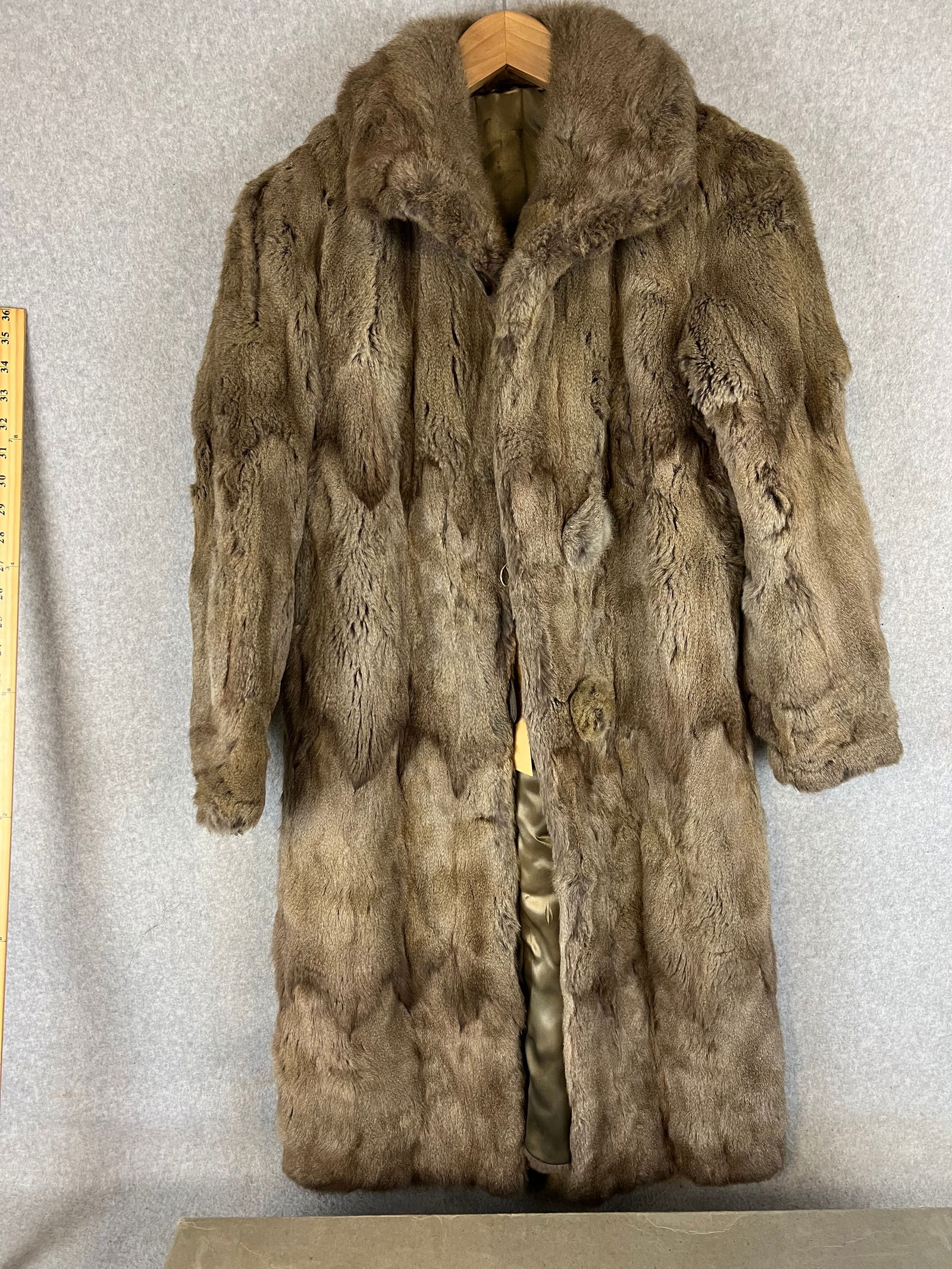 Vintage Julius Garfinckle & Co Fur Coat w Box: Squirrel fur coat in its original box which is marked Julius Garfinckle & Company Washington DC. Coat has some separation at seams and some loss to silk lining as shown in photos.