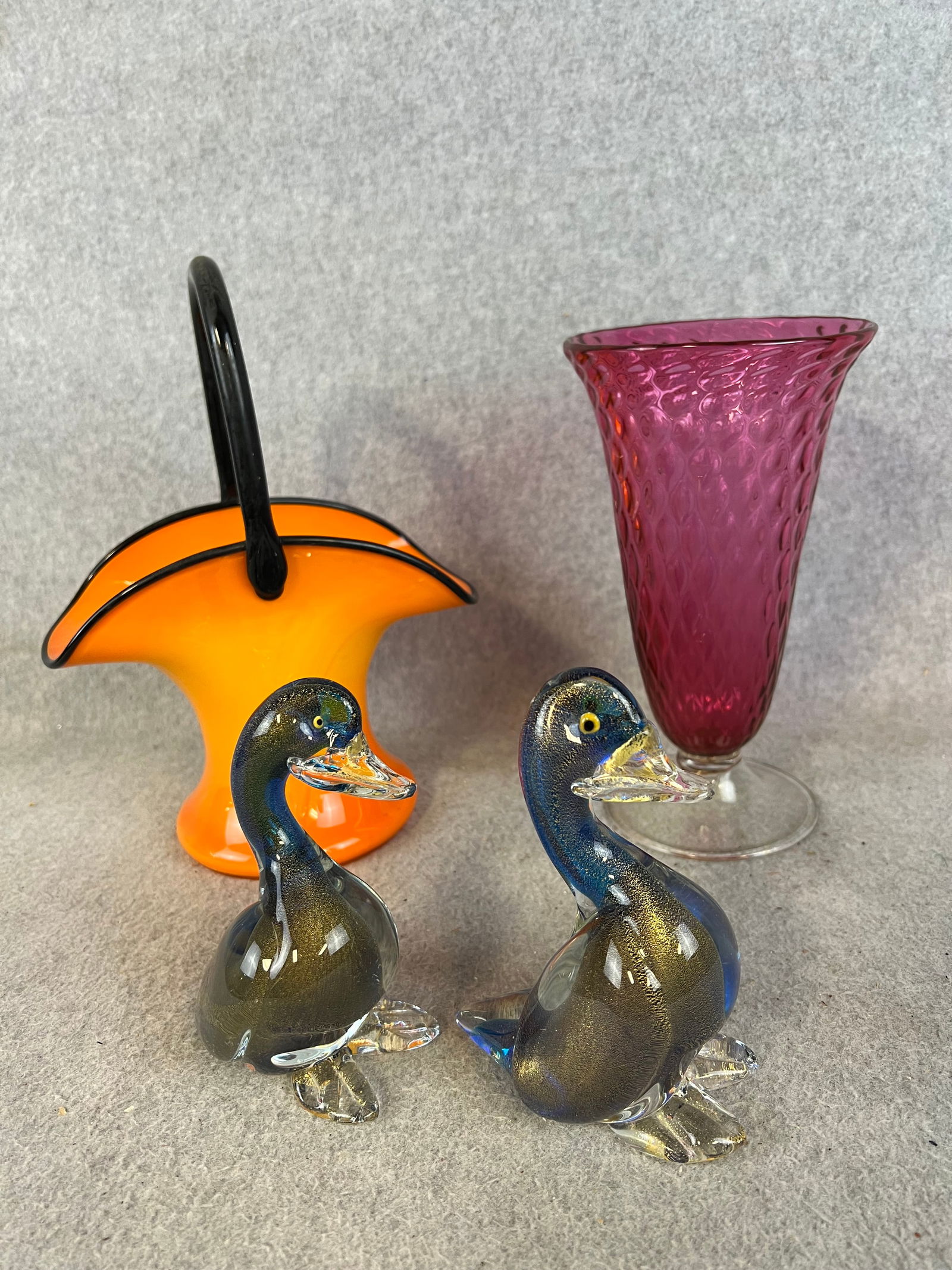 Art Glass Lot Murano Ducks, Basket, Cranberry Glass Blown Vase (1 of 10)
