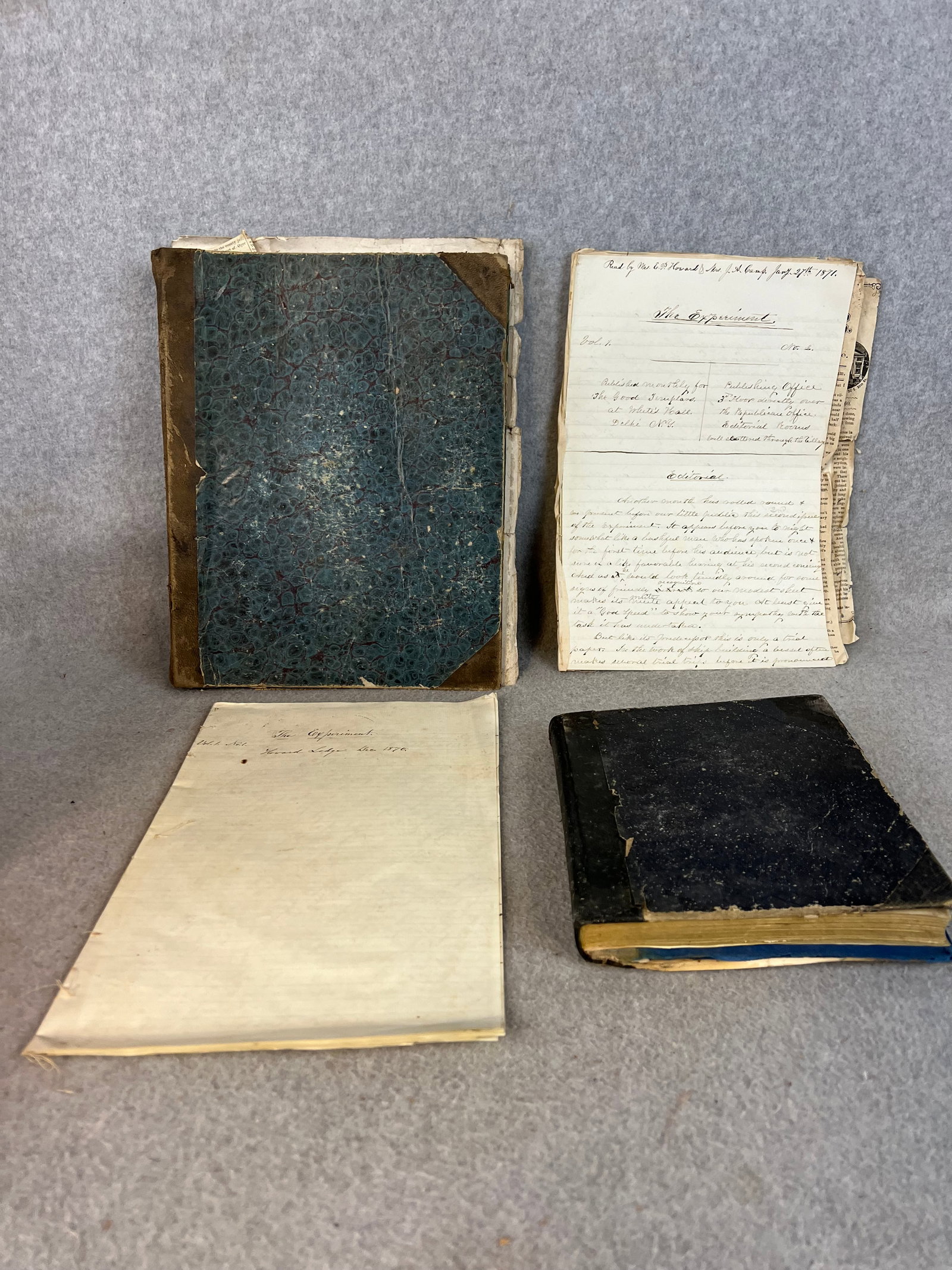 1870's Delhi New York Related Temperance Society Ephemera: Group of Delhi New York temperance related ephemera to include a hand written speech titled "The Experiment" apparently delivered at the Howard Lodge in December 23rd 1870 by Mrs. E P Howard & Mrs. J