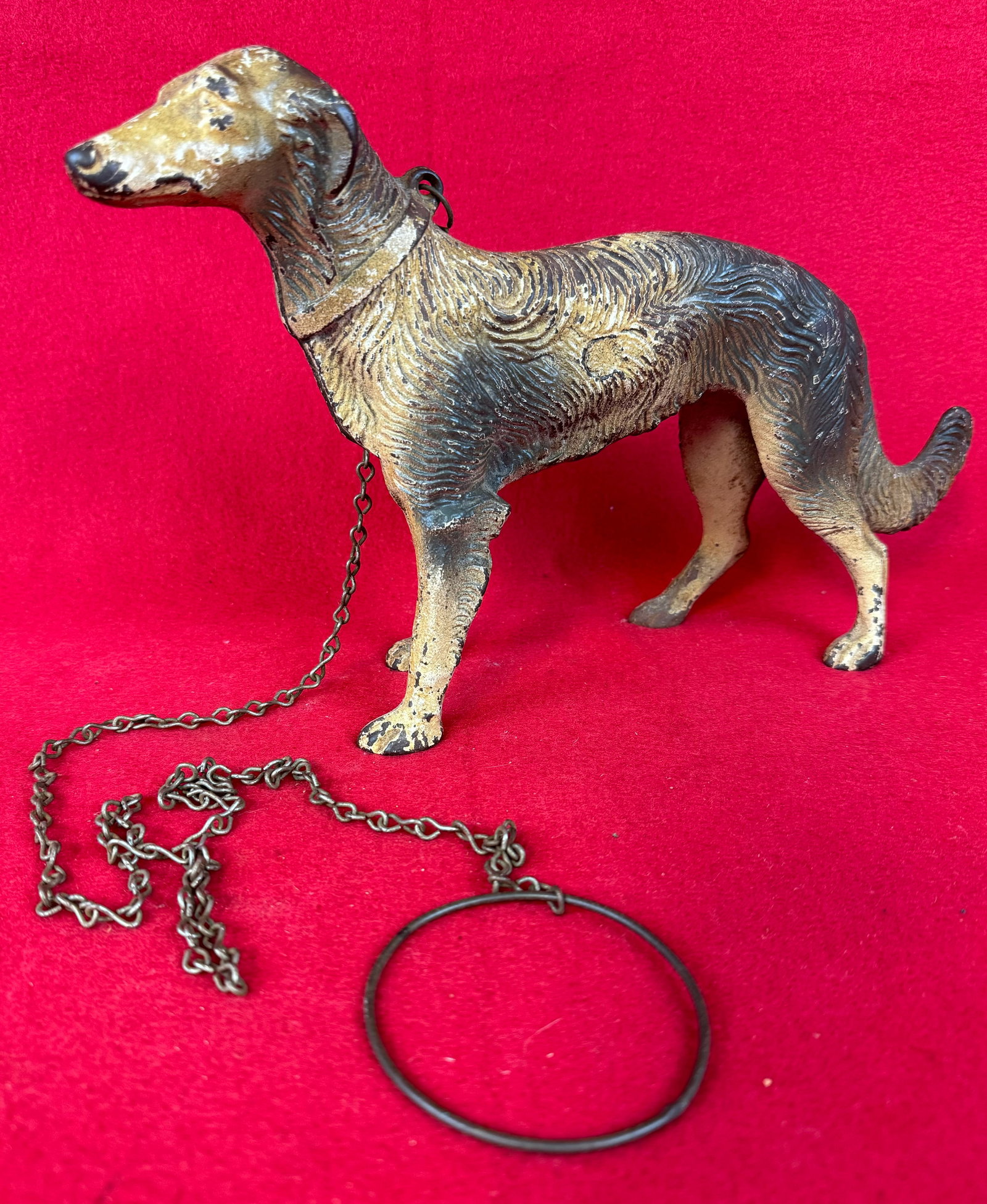 Hubley Cast Iron Russian Wolfhound Doorstop: Original circa 1920-30's figural cast-iron doorstop in the form of a Borozi dog (Russian Wolfhound) which was made by the Hubley Manufacturing Company. Doorstop has its factory original paint and the