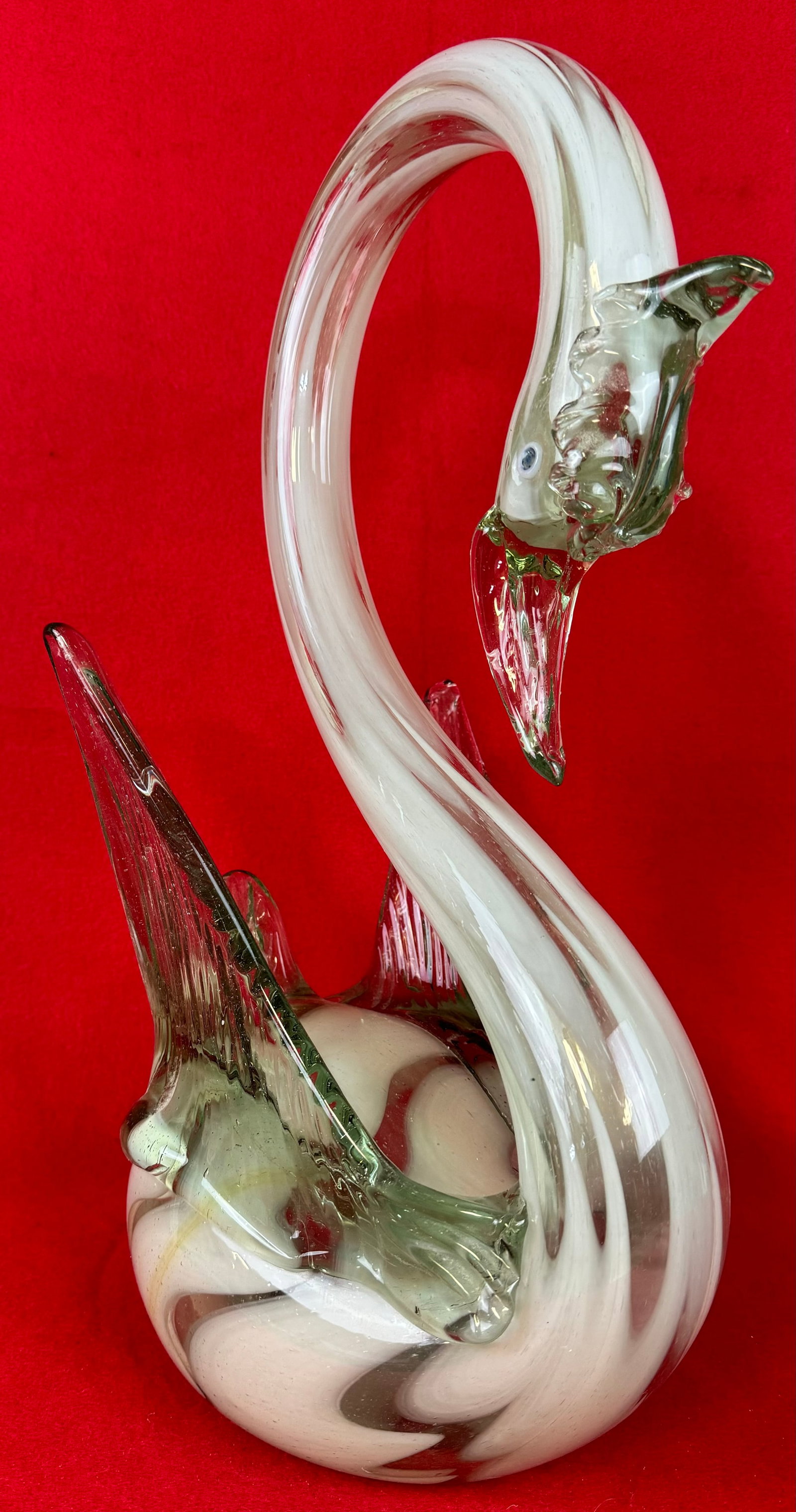 Large 19" Vintage Murano Glass Swan Figurine: Large 19" tall vintage Murano glass swan figurine made from light green with opaque white striped glass. Figurine has been hand formed with applied wings, beak etc. and is in excellent undamaged all o