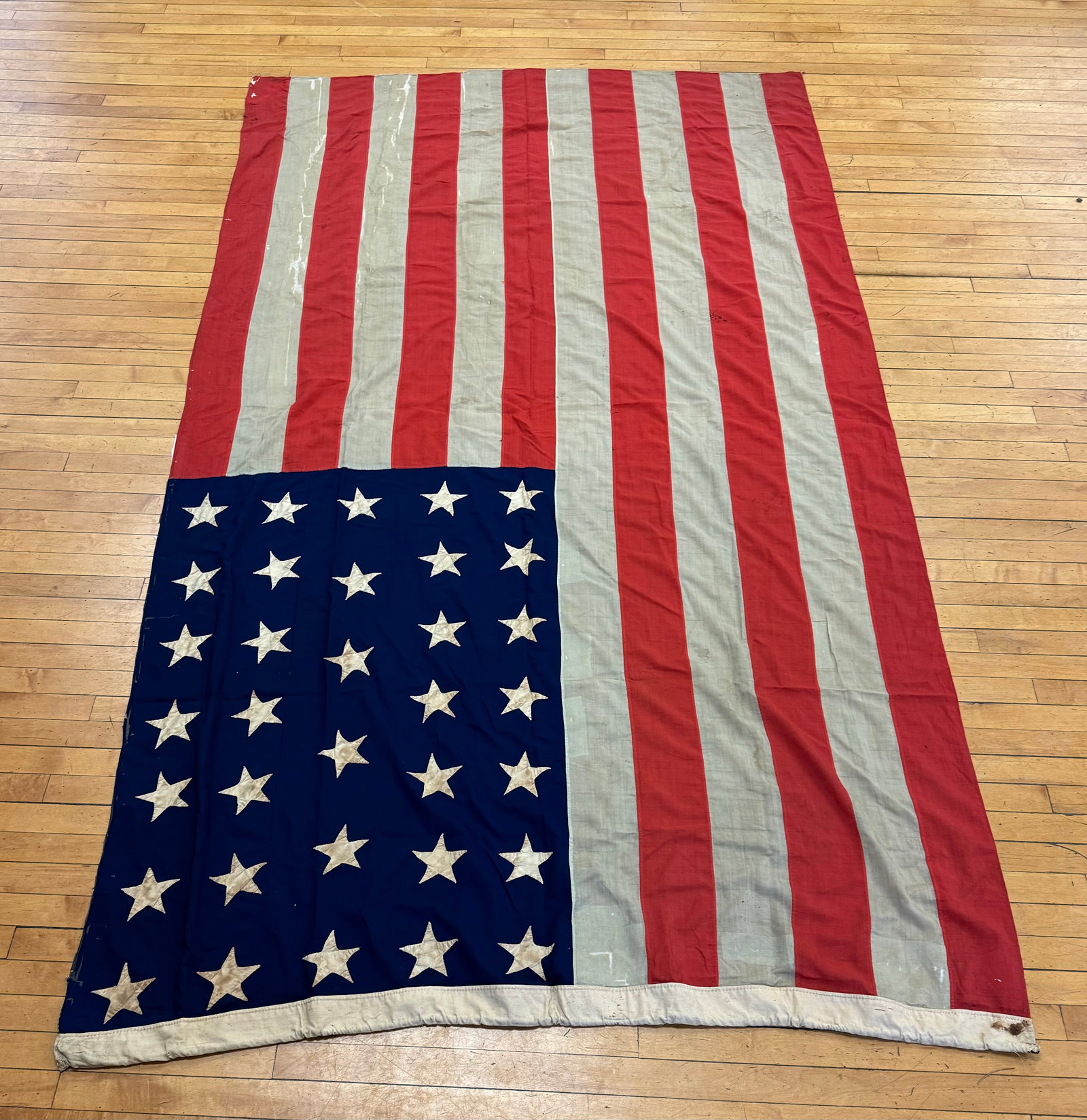 Civil War United States 35 Star Flag: Large United States 35 star Civil War era flag which has hand sewn on stars and measures approximately 9'4" by 5' 4" and is marked Beardsley in red stitching on one edge. Flag has been professionally