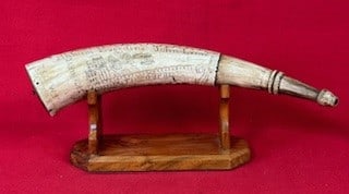 Dated 1773 Ephriam Cobbet Oswego N.Y. Extensively Engraved Powder Horn: Large powder horn which is extensively engraved with the date 1773 and the name Ephriam Cobbet / Oswego as well as a depiction of a battle scene with Seneca Indians, soldiers, a cannon etc. There is a