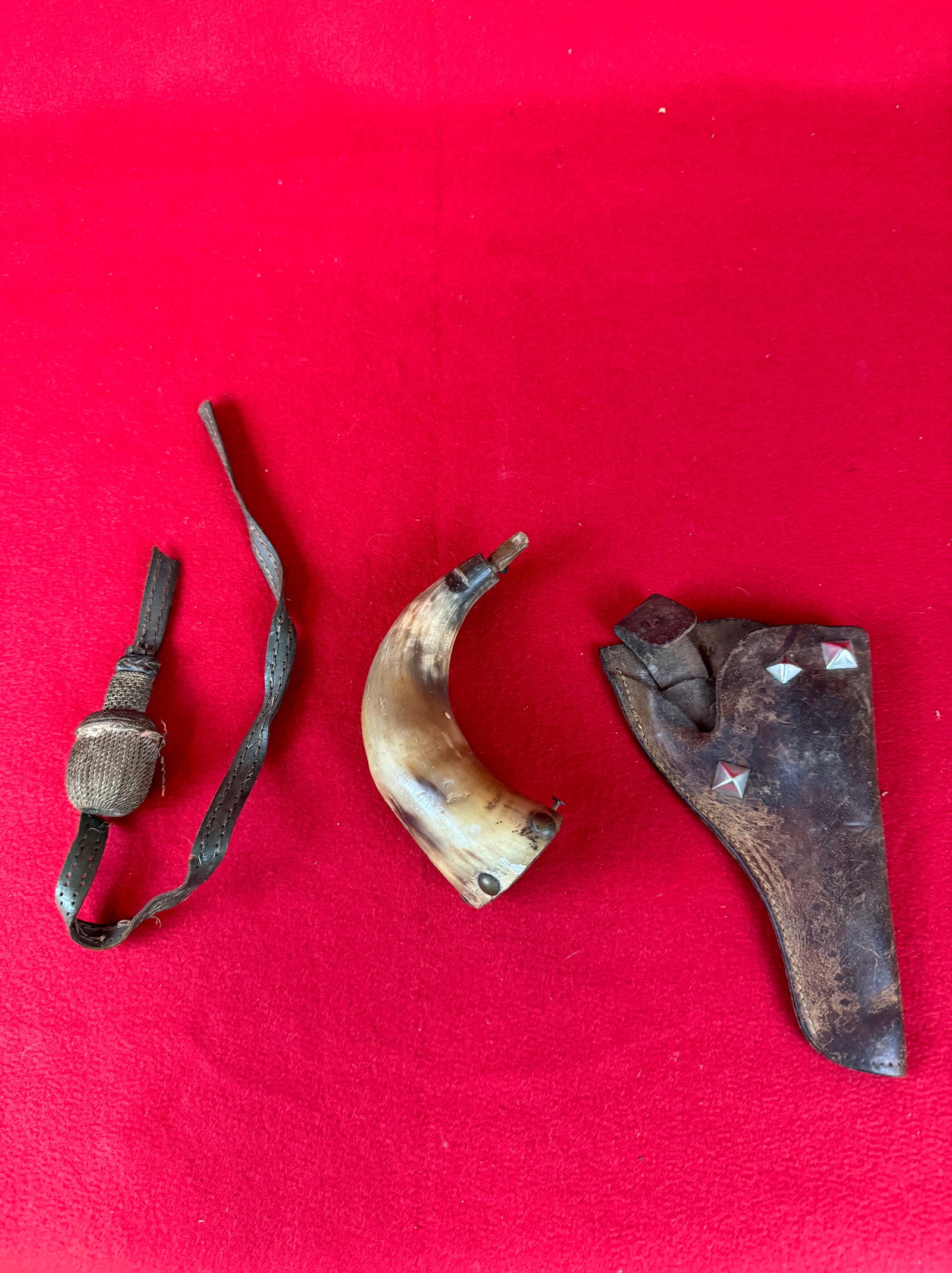 Lot 3 Misc. Items, Holster, Powder Horn and a German Portapee: A lot of three items to include a 6" powder horn a German portapee and finally a small leather pistol holster. Condition - is as shown.