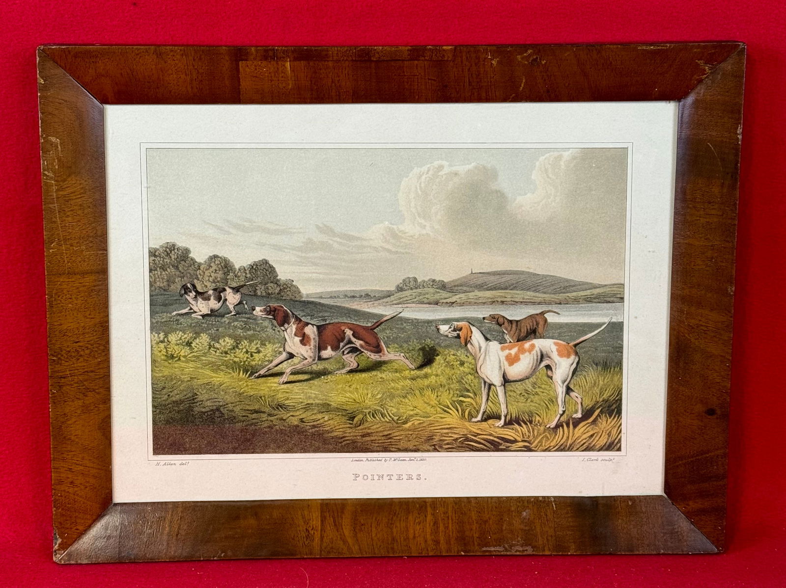 Framed T McLean 1820 Print Of Pointer Dogs After H. Alken: Framed dated 1820 T McLean hand colored print of pointer dogs based upon the artwork of H Alken presented in a 1850's ogee frame which measures approximately 16 1/2" by 12 1/2". Condition - print exce