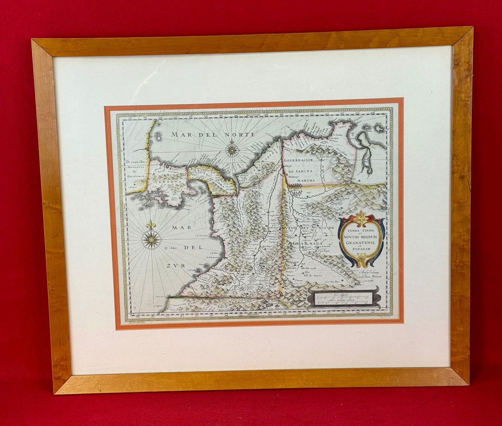 Hand Colored 17th Century Map Of Columbia /Panama By Bleau: Original circa mid 17th Century hand colored map of Columbia / Panama by J. Bleau which has been matted and framed. Map (sight) measures approximately 16 1/4" by 12 1/2" and the frame overall measures
