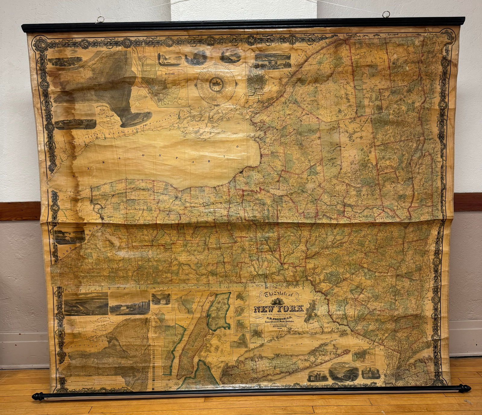 Antique 1866 Large Wall Map Of New York State Published By Robert Pearsall Smith Syracuse NY: Exceptional large dated 1866 linen backed wall map of New York state which measures approximately 66" by 74" which was published by Robert Pearsall Smith Syracuse New York based upon the survey and un