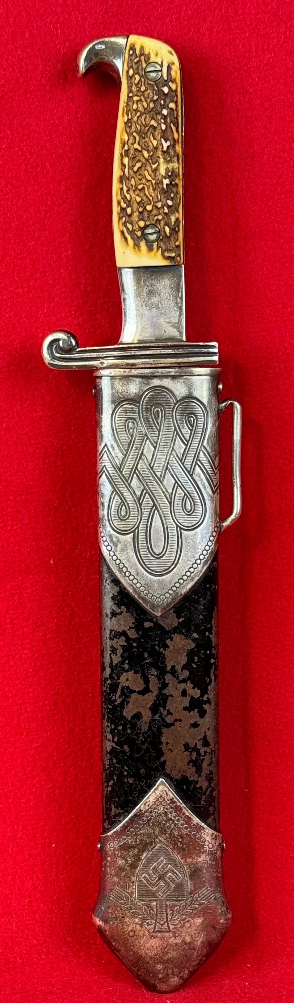 WW2 German Reichsarbeitsdienst (RAD) Hewer By Boker: World War Two Nazi German Reichsarbeitsdienst (RAD) hewer complete with its original sheath and having stag horn grips. This fine dress dagger / hewer is marked with the Boker makers mark on one side