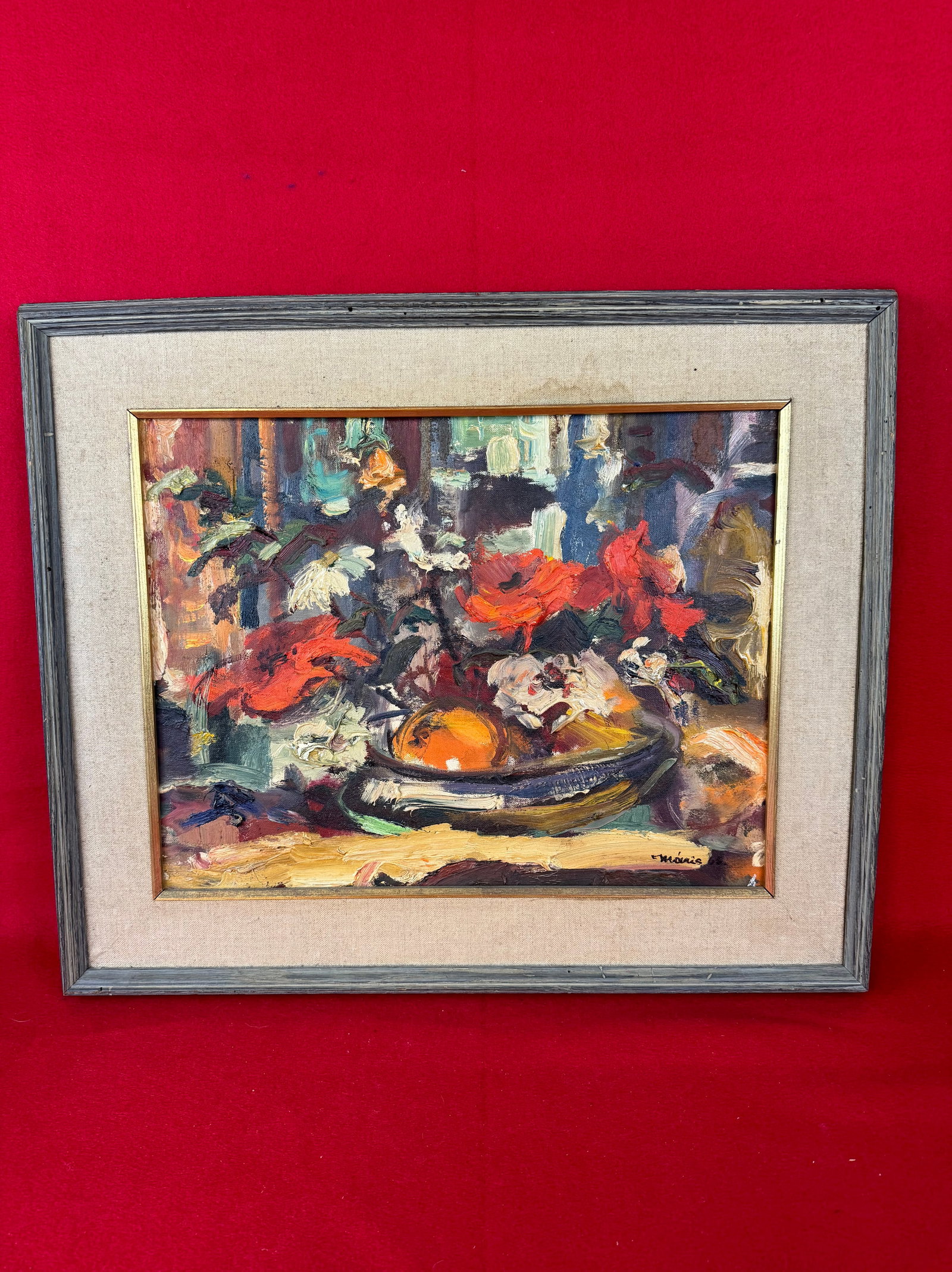 Still Life Painting By Listed Artist Valdi S. Maris: Still Life oil painting on canvas by the listed East Brunswick New Jersey artist Valdi S. Maris. Painting is circa 1960's and depicts a floral arrangement on a table top done in a thickly painted impr