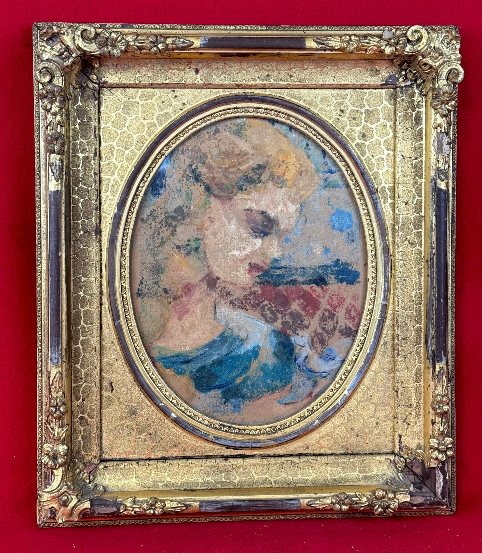 Impressionistic Guache Painting Of Young Girl In Elaborate 1840-50's Frame: A guache painting on paper in a impressionistic style of a young girl (French?) with her bird which is titled in pencil at bottom (Shirley And ?) in a very elaborate circa 1840-50's gilt gesso over wo