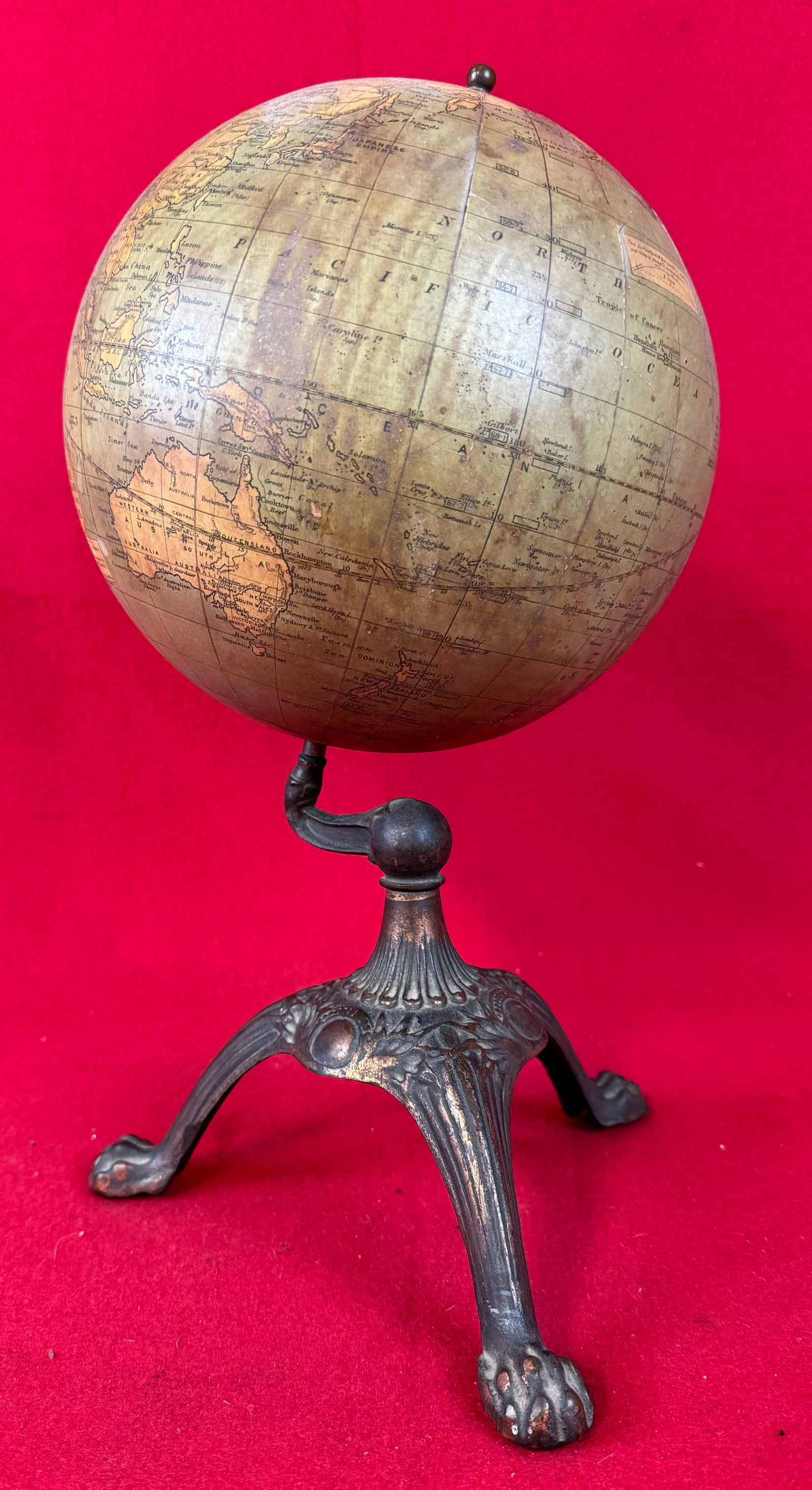 1920 Weber Costello Co 8" Table Globe: 1920's Weber Costello Co 8" Table Globe on its original ornate cast iron stand with paw feet . Globe has some age toning and minor wear to its varnish finish as shown.