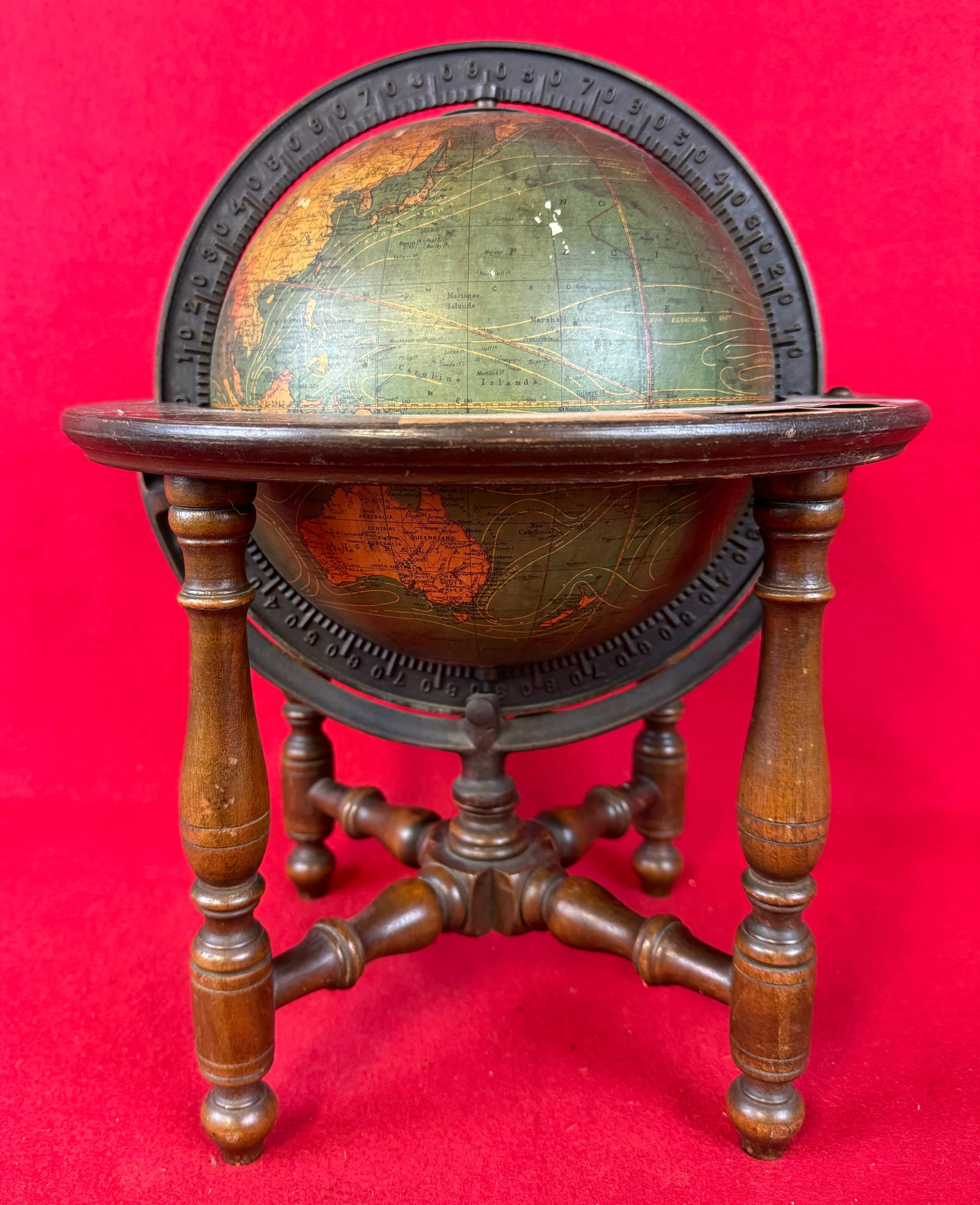 1920's Kittinger 8" Table Globe On Stand: 1920's Kittinger 8" table globe on its original turned wooden stand / frame with bronzed cast iron meridian and having a wooden horizon with applied lithographed paper calendar and zodiac which is sup