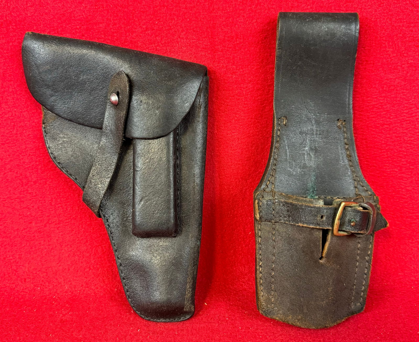WW2 German 7.65 Pistol Holster & Clip & British Hiatt Marked Bayonet Frog: World War Two German black leather holster and a clip for a 7.65 pistol together with a Hiatt Birmingham British black leather bayonet frog.