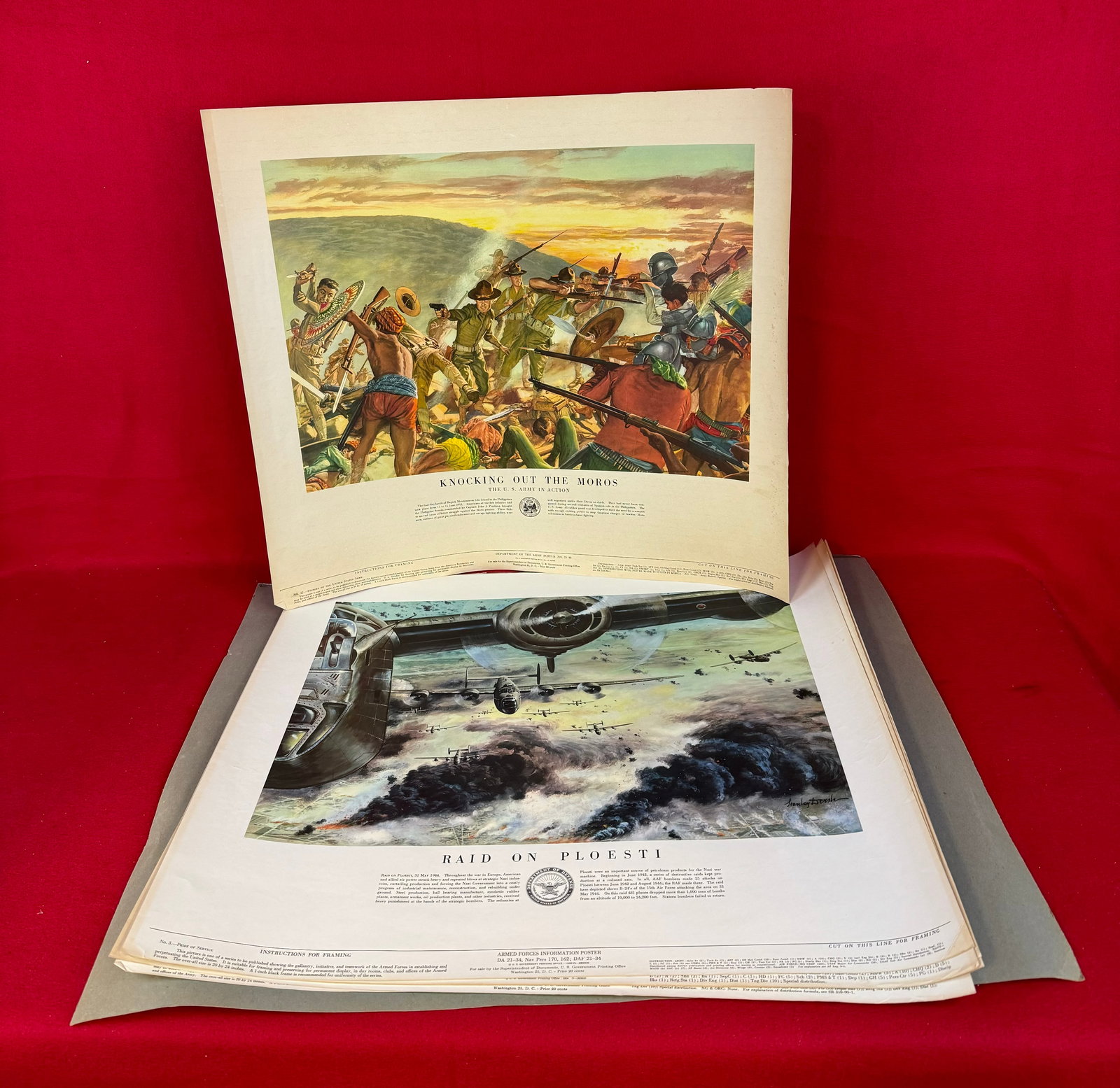 Lot 7 1953 Department Of The Army Posters: Lot of seven original dated 1953 colorful lithographed Department Of The Army posters which measure approximately 24" by 21" . Posters depict events in United States Military History and are in fine u
