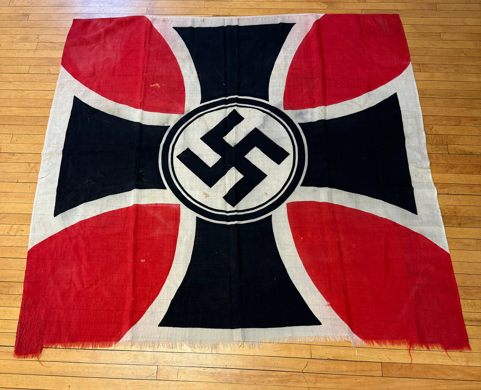 Large WW2 German Flag: Original World War Two Nazi German flag which measures approximately 6'-3" by 6'-5". Flag has some soil, fraying etc. as shown.