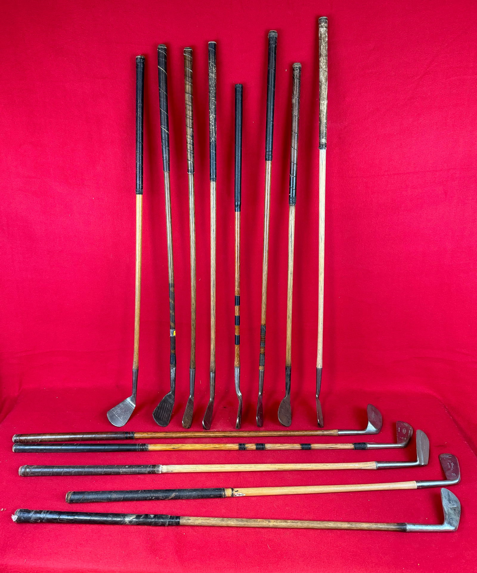 Lot 13 Antique Hickory Shaft Golf Clubs & Vintage Golf Bag: Lot of thirteen hickory shafted golf clubs along with a vintage golf bag. Golf club cleek marks include Frank Lock Special Spade Mashie Niblick, Wm Gibson VL&D N.Y. Stella, Wright & Ditson St Andrews,