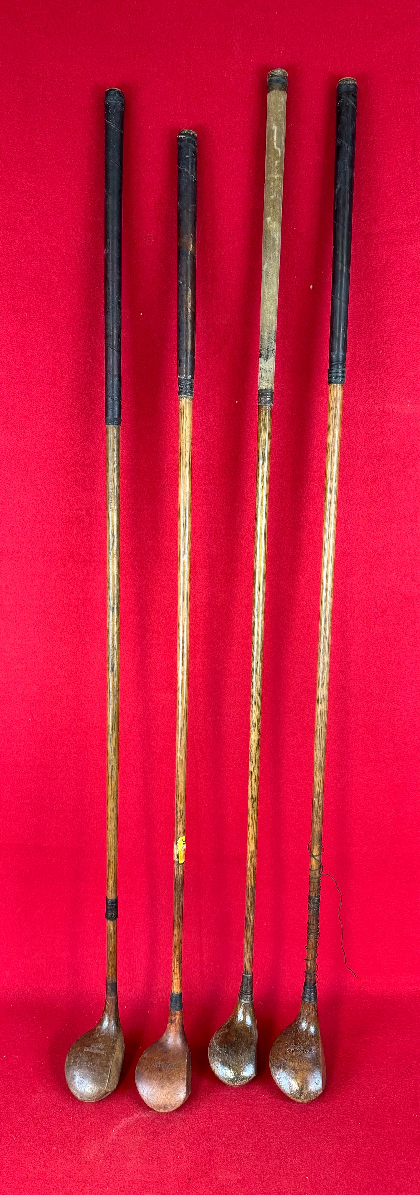 Lot 4 Antique Hickory Shafted Woods / Drivers: Lot of four antique hickory shafted drivers / woods to include Low & Hughes Special,Spaulding and two clubs in which the mark is hard to read (see photos). Condition - is as shown.