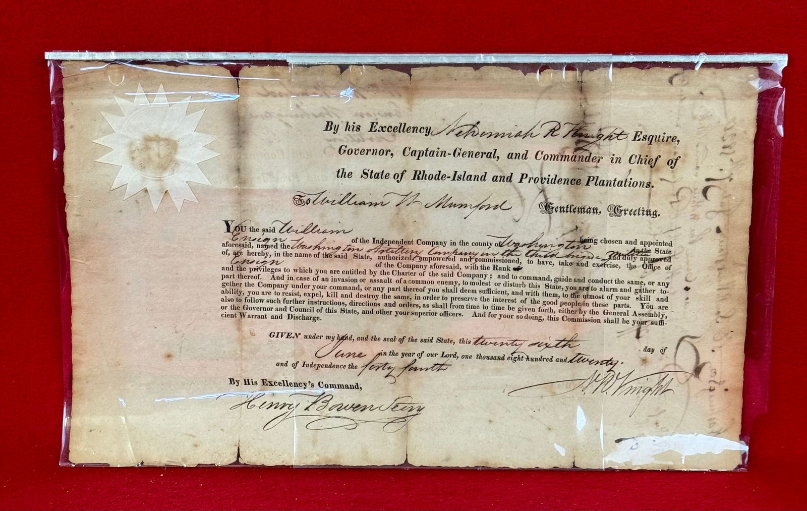 1820 Military Appointment Signed By Nehemiah Rice Knight Governor Of Rhode Island: 1820 military appointment document signed by Rhode Island Governor Nehemiah Rice Knight (1780-1854). Document appoints William W Mumford Ensign of the Independent Company in the county of Washington (