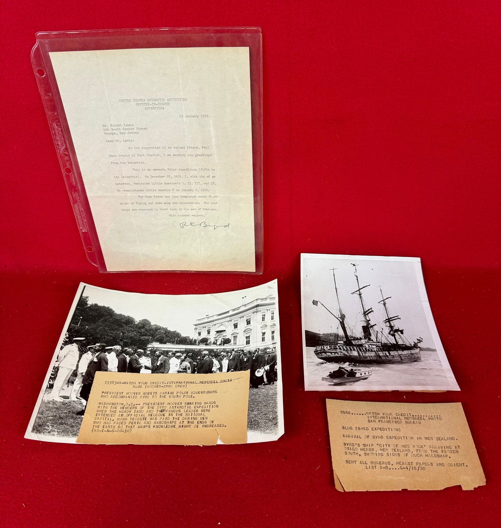 Admiral Richard E Byrd 1956 TLS & Press Photos: Admiral Richard Evelyn Byrd typed letter signed to a Mr. Robert Lewis which give details of the Byrd Seventh Polar Expedition along with two press photos related to the Byrd Expeditions. Condition - a
