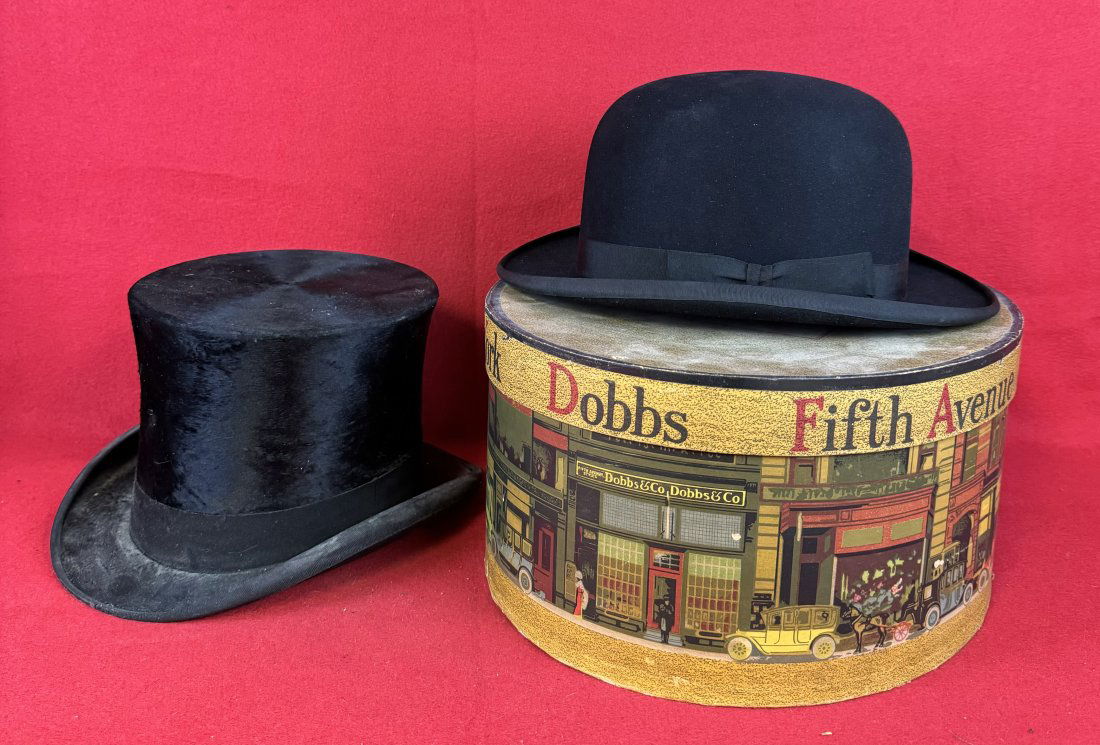 Lot Antique Top Hat & Bowler Hat With Box: Lot which includes a antique top hat (see measurements) together with a bowler type hat by Knox Hats, size 7.25 in a Dobbs cardboard Box. Condition - both are fine with only very minor wear as shown.