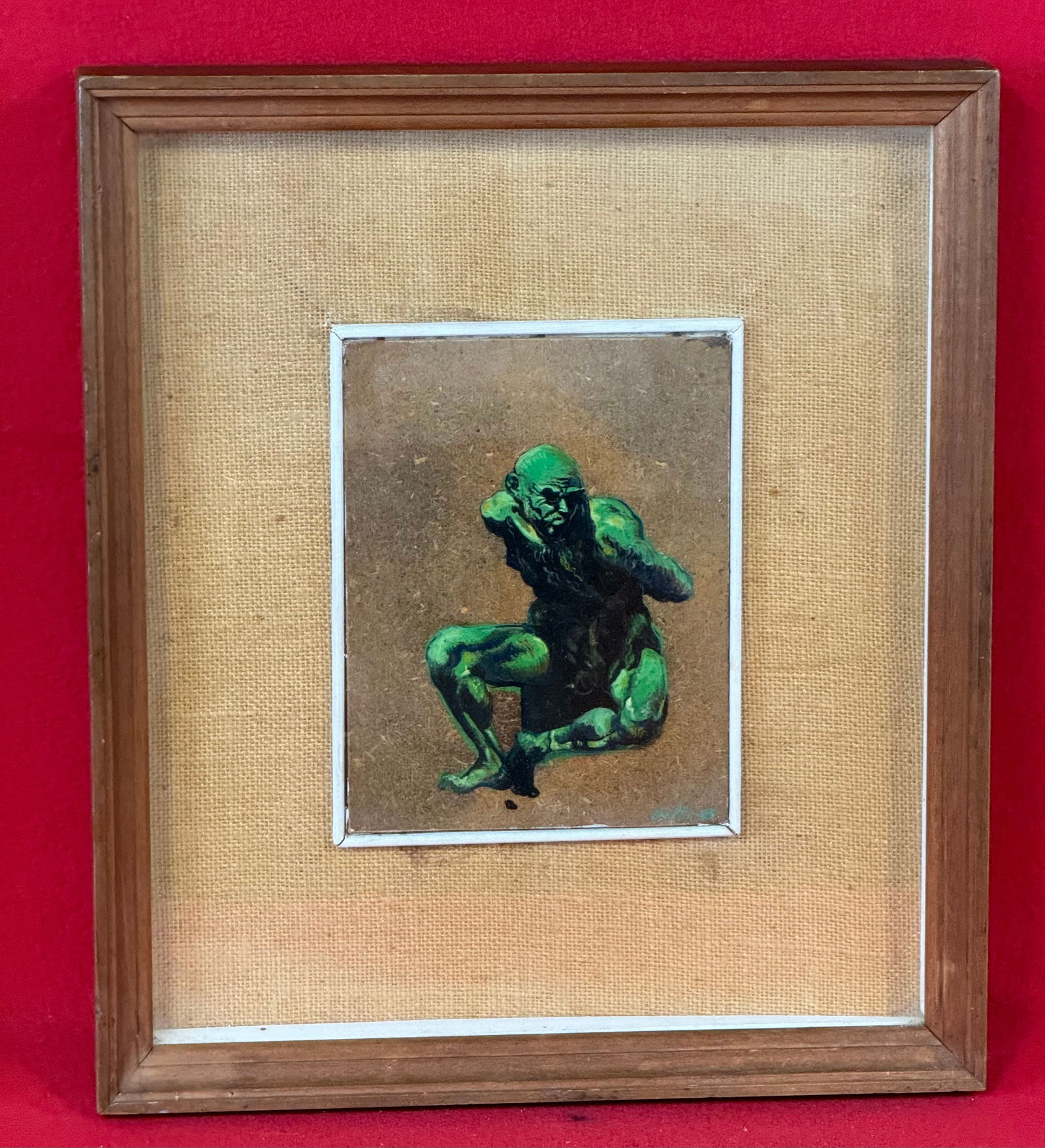 Original 1965 Oil Painting On Masonite By Illustrator Rudy Nappi (1923-2015): Original oil painting on masonite of a contorted man or creature done in green paint with traces of color by the famous commercial illustrator Joseph Rudolph "Rudy" Nappi (1923-2015). Nappi was consid