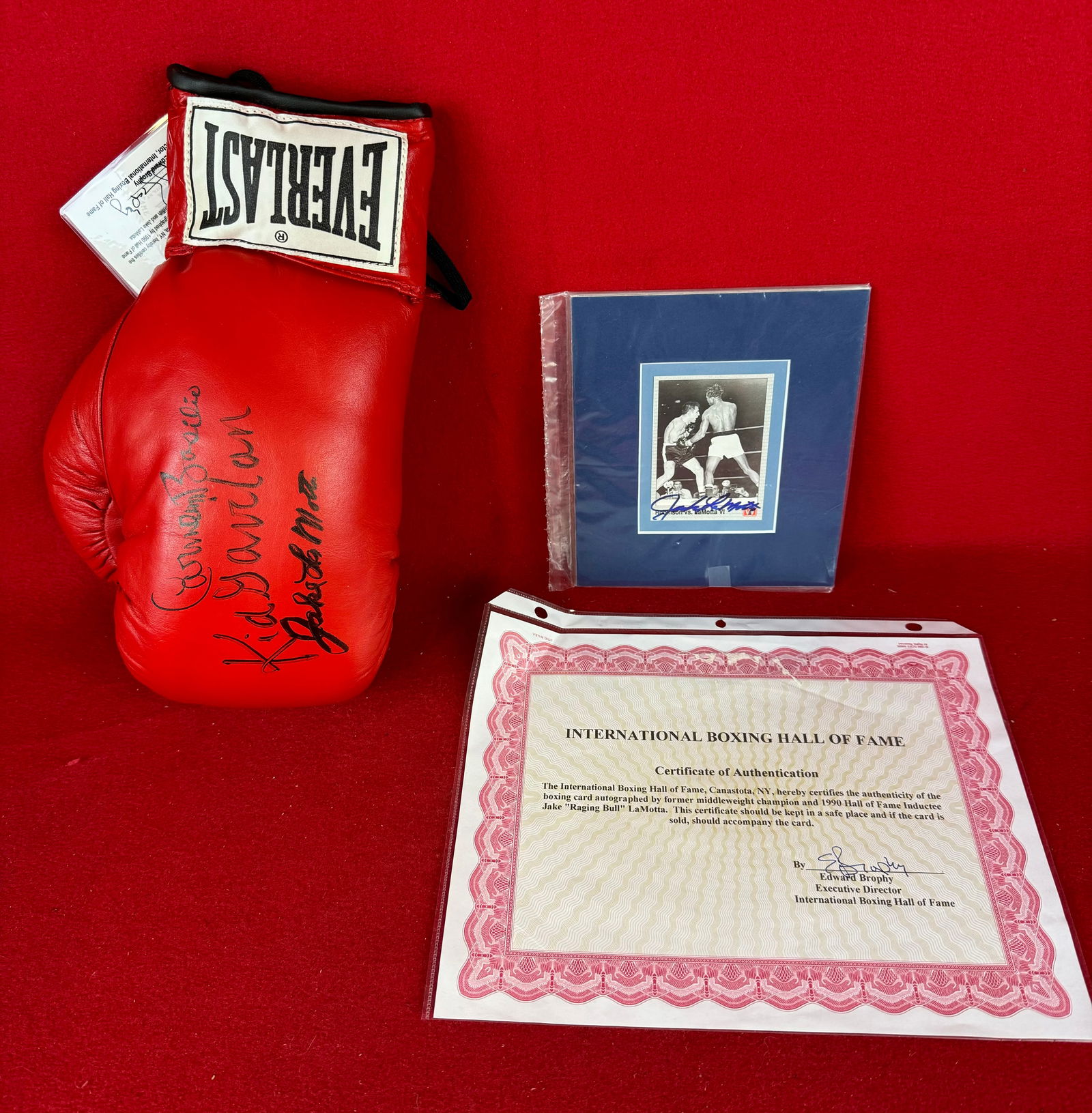 Everlast Boxing Glove Signed By Professional Boxers Carmen Vasilio, Kid Gavilan and the raging bull: Everlast boxing glove signed by three professional boxers Carmen Basilio, Cuban boxer Kid Gavilan and finally the raging bull Jake LaMotta. Lot also includes a small signed photo by Jake LaMotta with
