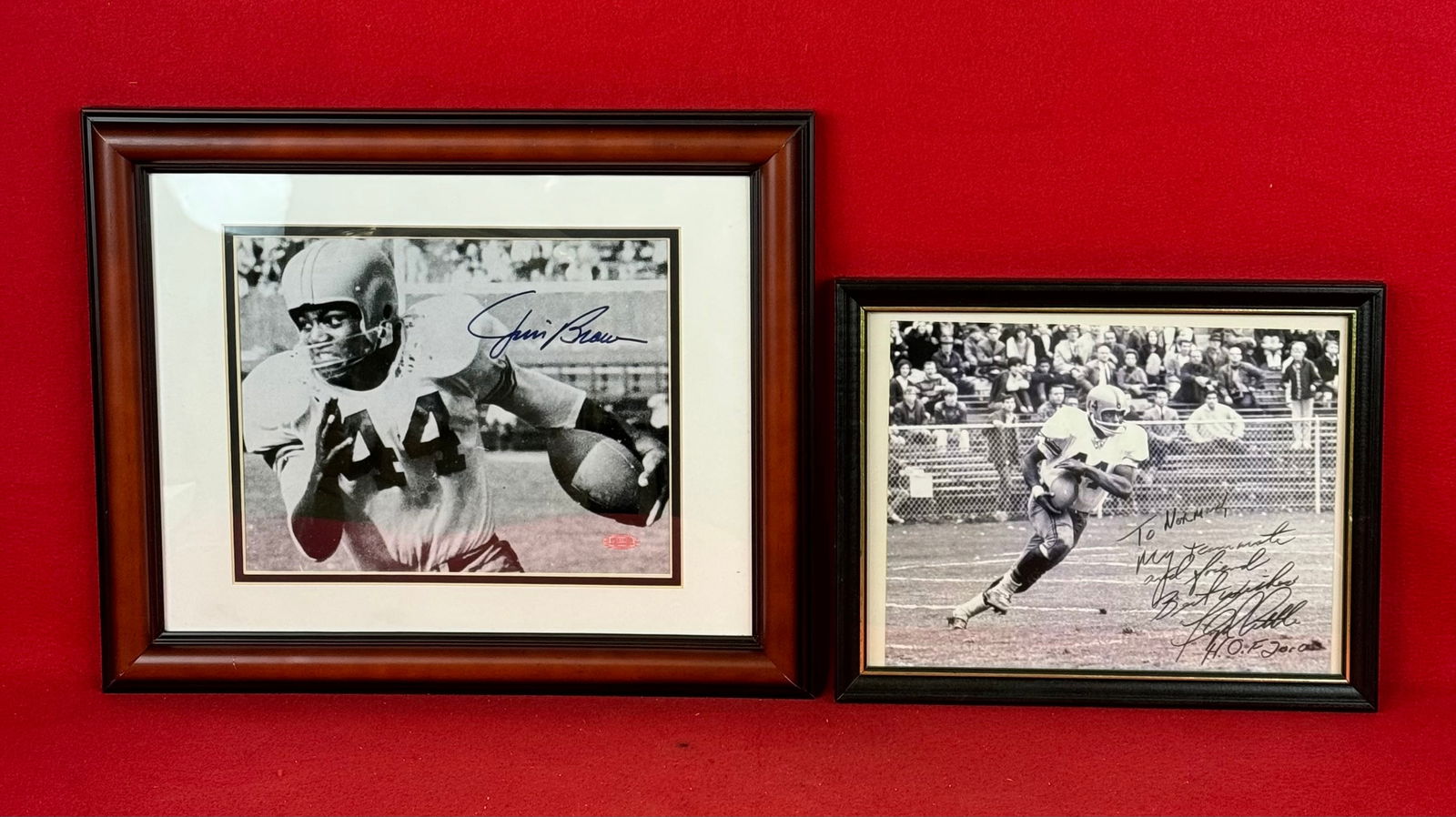 Lot 2 Autographed Photos HOF Football Players Jimmy Brown & Floyd Little: Lot of two autographed 8x10 photographs of HOF football players which includes Jimmy Brown in his Syracuse White Jersey with a COA from Steiner Sports on the back of the frame. The other item is a aut