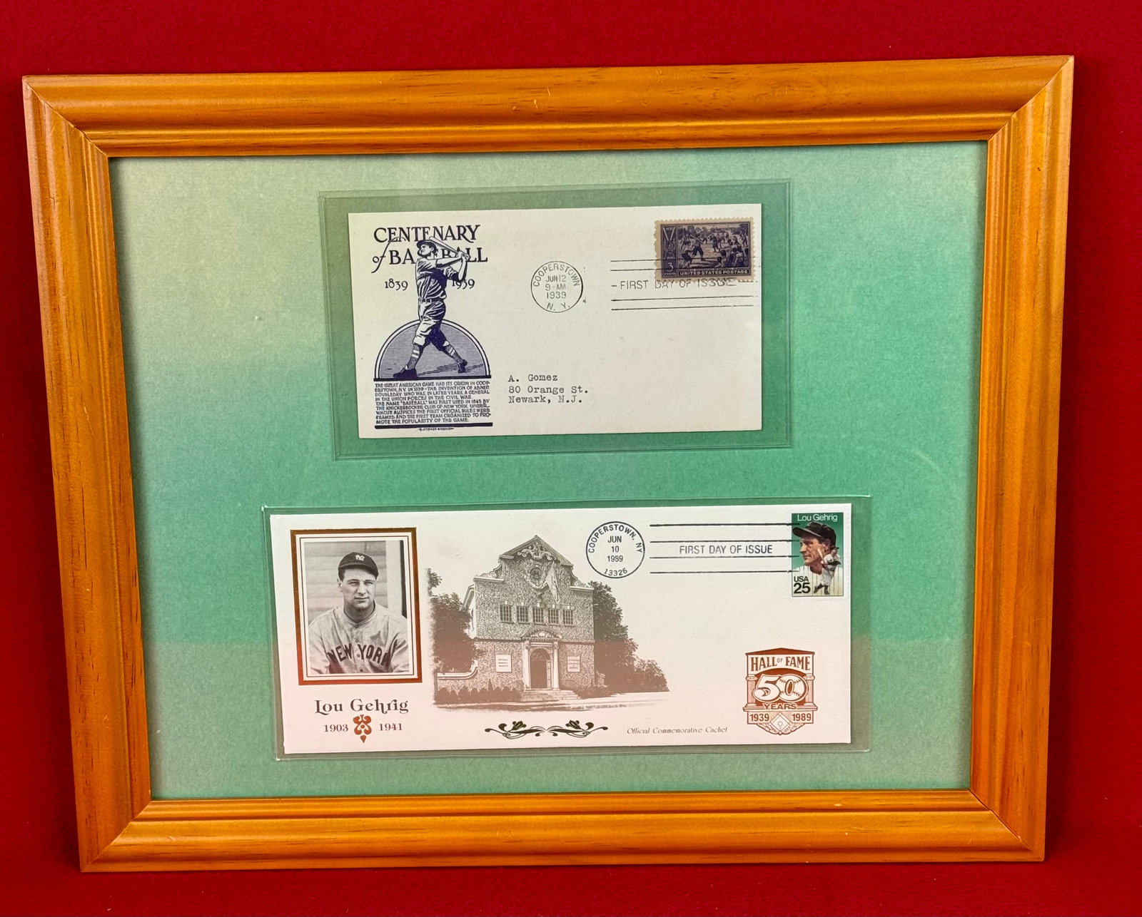 1939 Cooperstown Baseball Hall Of Fame First Day Cover and 1989 1903-1941 Lou Gehrig First Day Cover: Framed 1939 Cooperstown Baseball Hall Of Fame First Day Cover together with a 1989 first day cover commemorating the Yankee great Lou Gehrig 1903-1941. Condition - as shown.