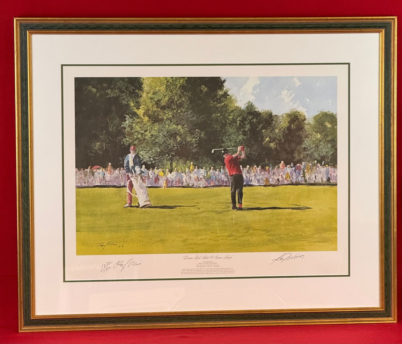 Limited Edition Autographed Print By Ray Ellis 1968 US Open Championship "Trevino; Red Shirt &: Original limited edition circa 1990 print by Ray Ellis of Lee Trevino in the 1968 US Open Championship at Oak Hill. Print is titled "Trevino; Red Shirt & Green Magic" and is signed by both Ellis and T