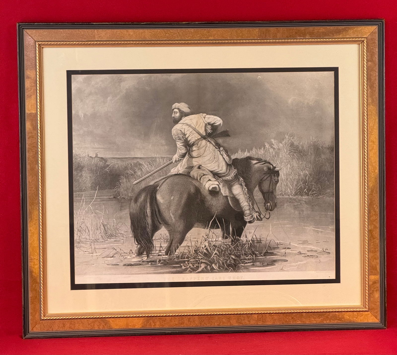 Ca 1850 Print "The Trappers Last Shot" after William Tylee Ranney (1813-1857): Framed original engraving titled "The Trappers Last Shot" based upon the artwork of William Tylee Ranney (1813-1857) which was published in 1850 by J. M. Emerson & Co 406 Broadway NY. Print has been p