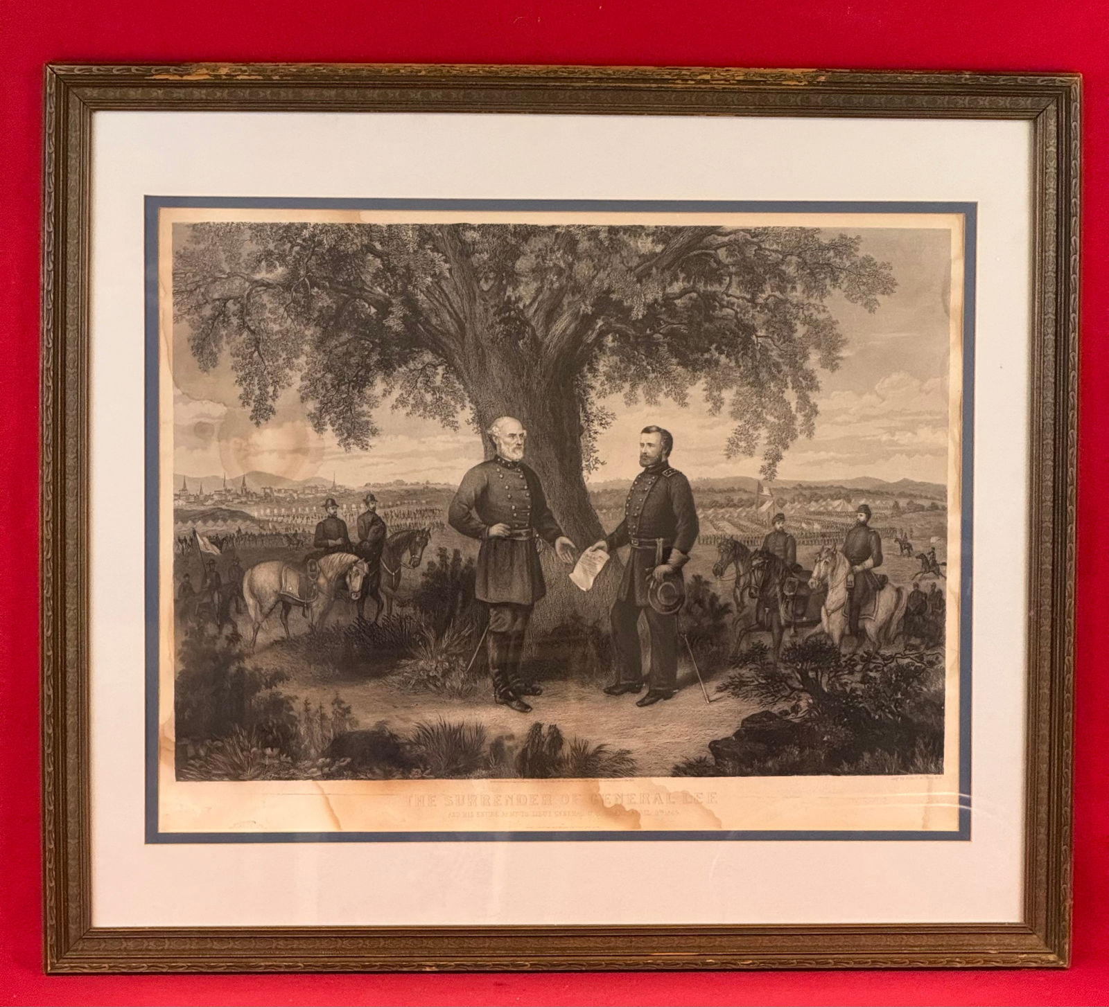 1868 Engraving "The Surrender Of General Lee" by Thomas Kelly: Framed original engraving titled "The Surrender Of General Lee" by Thomas Kelly which has been professionally double matted and framed. Frame measures approximately 32 1/2" by 28 1/2" with the print (
